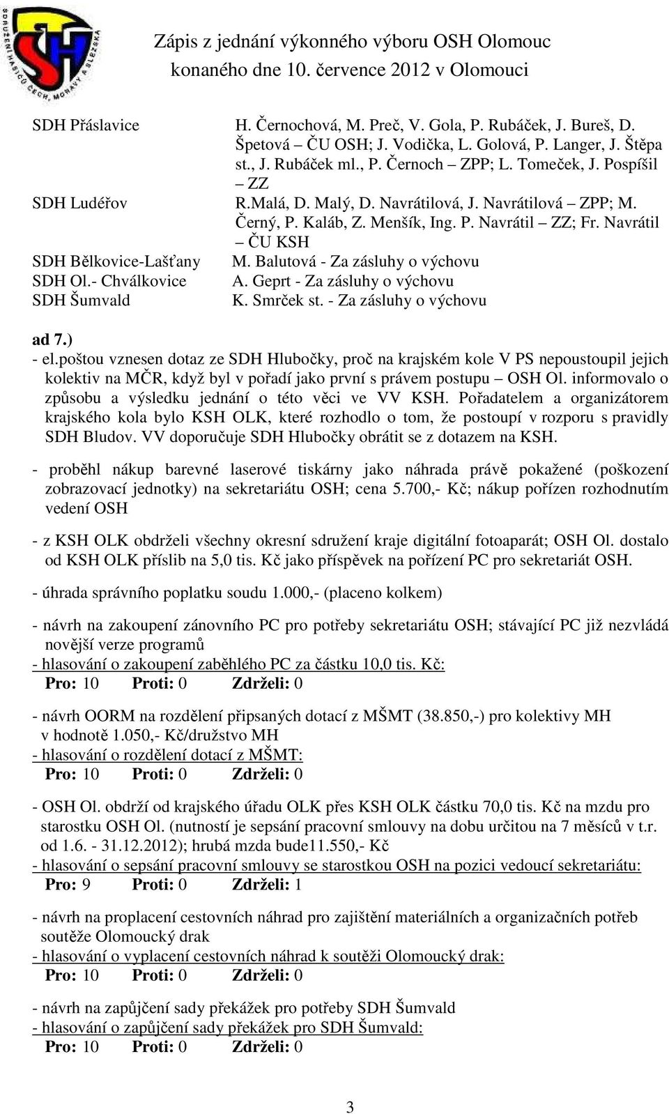 Balutová - Za zásluhy o výchovu SDH Ol.- Chválkovice A. Geprt - Za zásluhy o výchovu SDH Šumvald K. Smrček st. - Za zásluhy o výchovu ad 7.) - el.