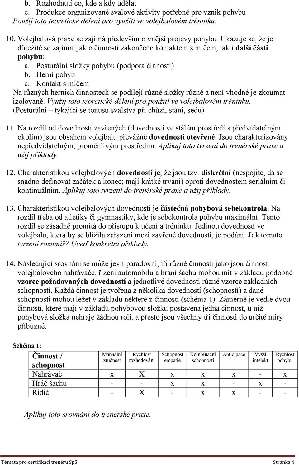 Posturální složky pohybu (podpora činnosti) b. Herní pohyb c. Kontakt s míčem Na různých herních činnostech se podílejí různé složky různě a není vhodné je zkoumat izolovaně.