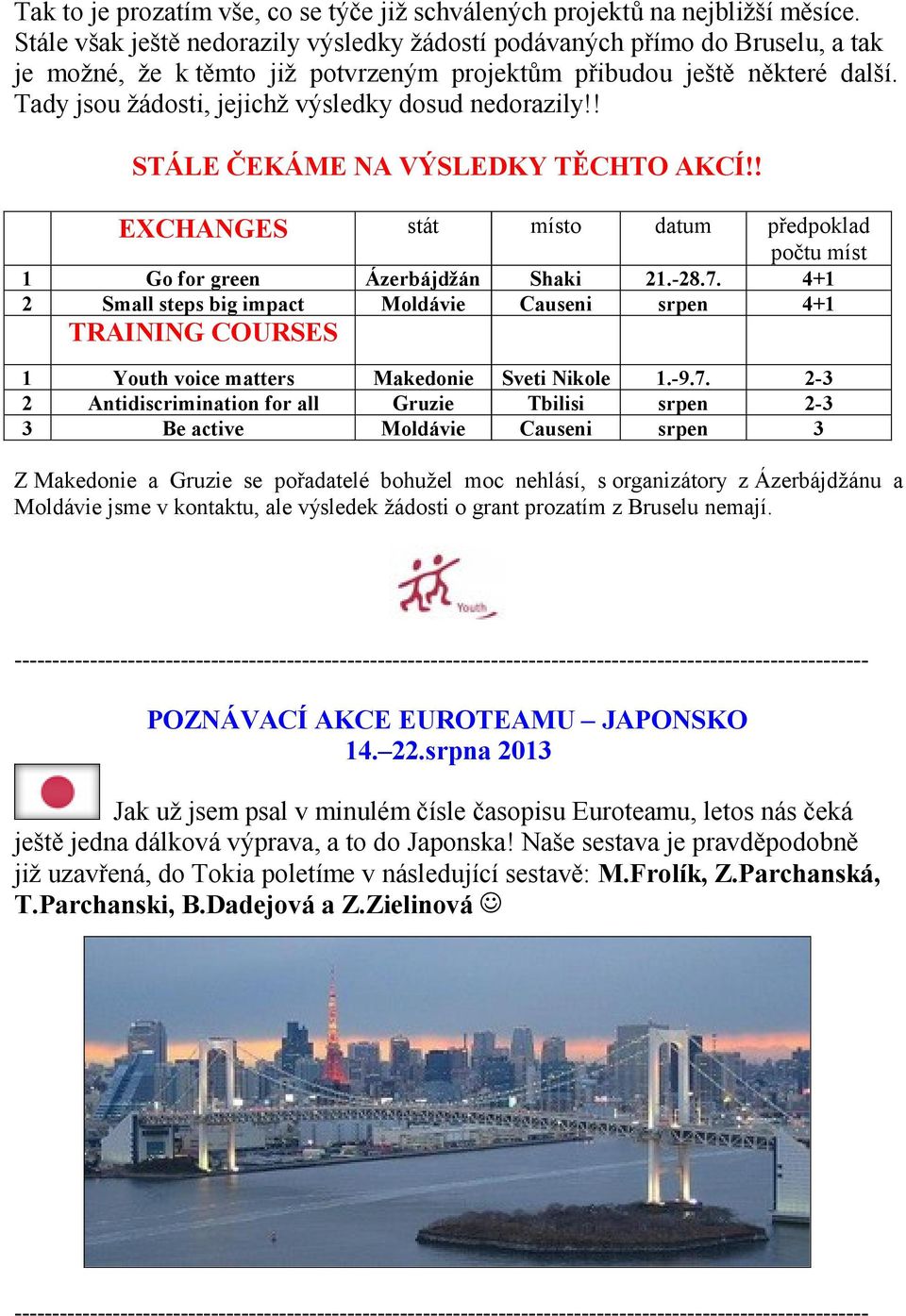 Tady jsou žádosti, jejichž výsledky dosud nedorazily!! STÁLE ČEKÁME NA VÝSLEDKY TĚCHTO AKCÍ!! EXCHANGES stát místo datum předpoklad počtu míst 1 Go for green Ázerbájdžán Shaki 21.-28.7.