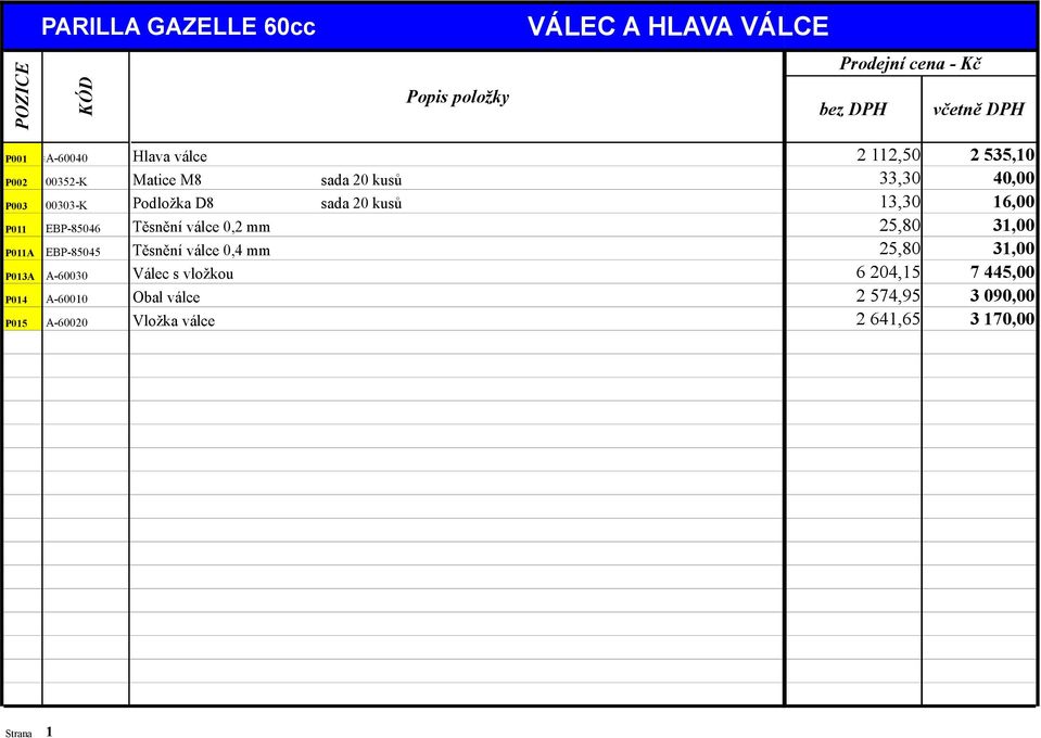 Podložka D8 Těsnění válce 0,2 mm Těsnění válce 0,4 mm Válec s vložkou Obal válce Vložka válce bez DPH 2 112,50