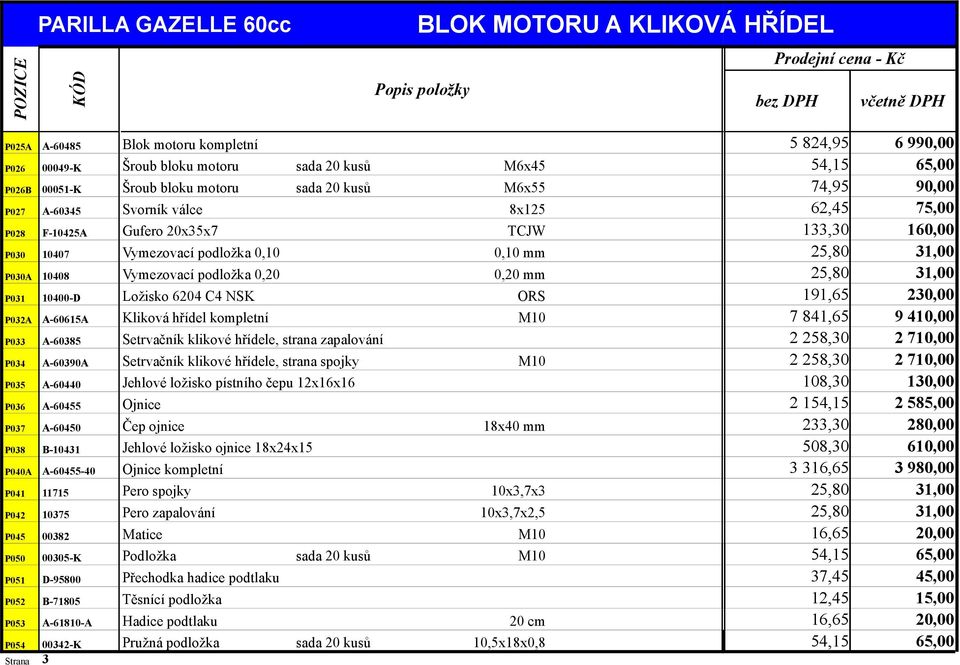 Strana 3 Popis položky Blok motoru kompletní Šroub bloku motoru Šroub bloku motoru Svorník válce Gufero 20x35x7 Vymezovací podložka 0,10 Vymezovací podložka 0,20 Ložisko 6204 C4 NSK Kliková hřídel