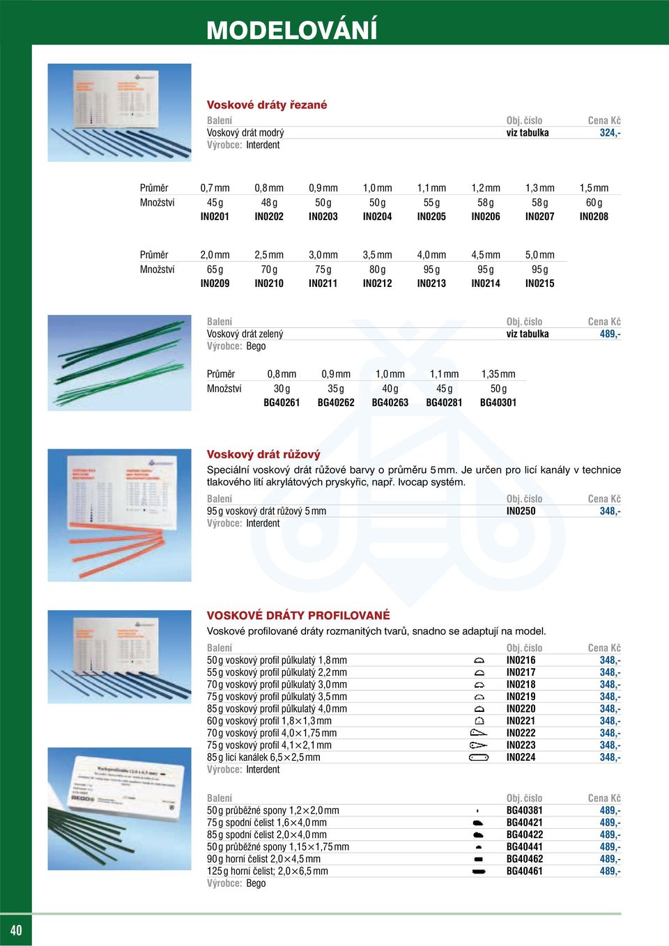 drát zelený viz tabulka 489,- Průměr 0,8 mm 0,9 mm 1,0 mm 1,1 mm 1,35 mm Množství 30 g 35 g 40 g 45 g 50 g G40261 G40262 G40263 G40281 G40301 Voskový drát růžový Speciální voskový drát růžové barvy o
