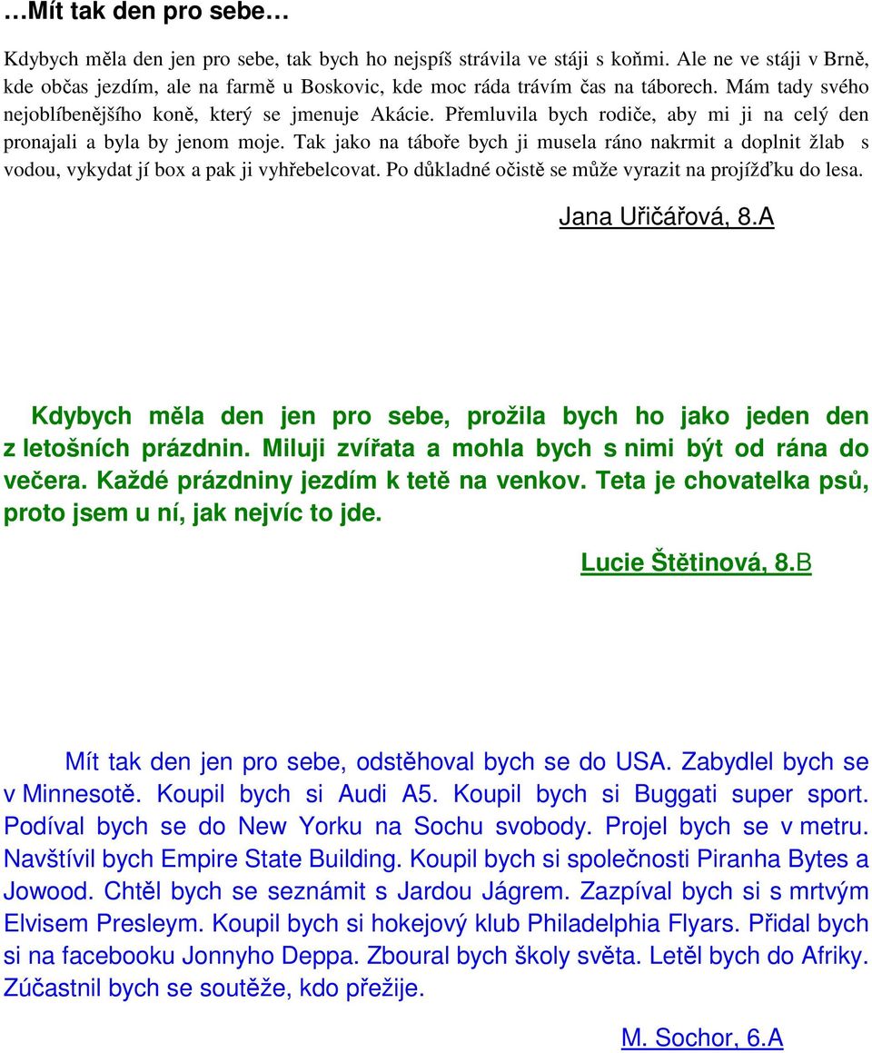 Přemluvila bych rodiče, aby mi ji na celý den pronajali a byla by jenom moje. Tak jako na táboře bych ji musela ráno nakrmit a doplnit žlab s vodou, vykydat jí box a pak ji vyhřebelcovat.