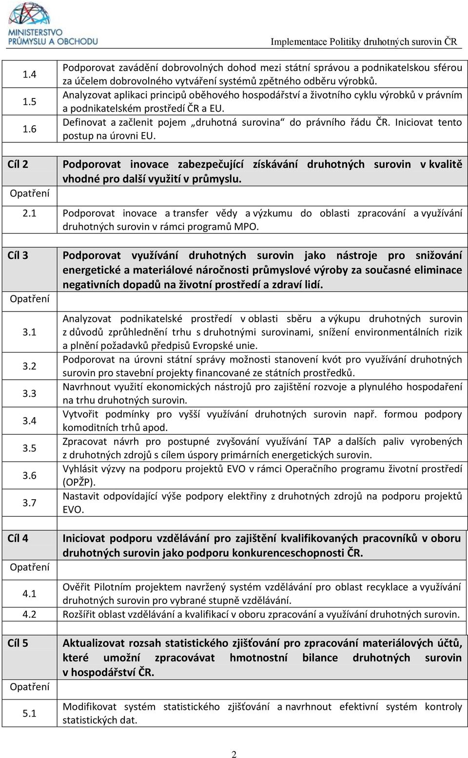 Iniciovat tento postup na úrovni EU. Cíl 2 Podporovat inovace zabezpečující získávání druhotných surovin v kvalitě vhodné pro další využití v průmyslu. 2.1 Podporovat inovace a transfer vědy a výzkumu do oblasti zpracování a využívání druhotných surovin v rámci programů MPO.