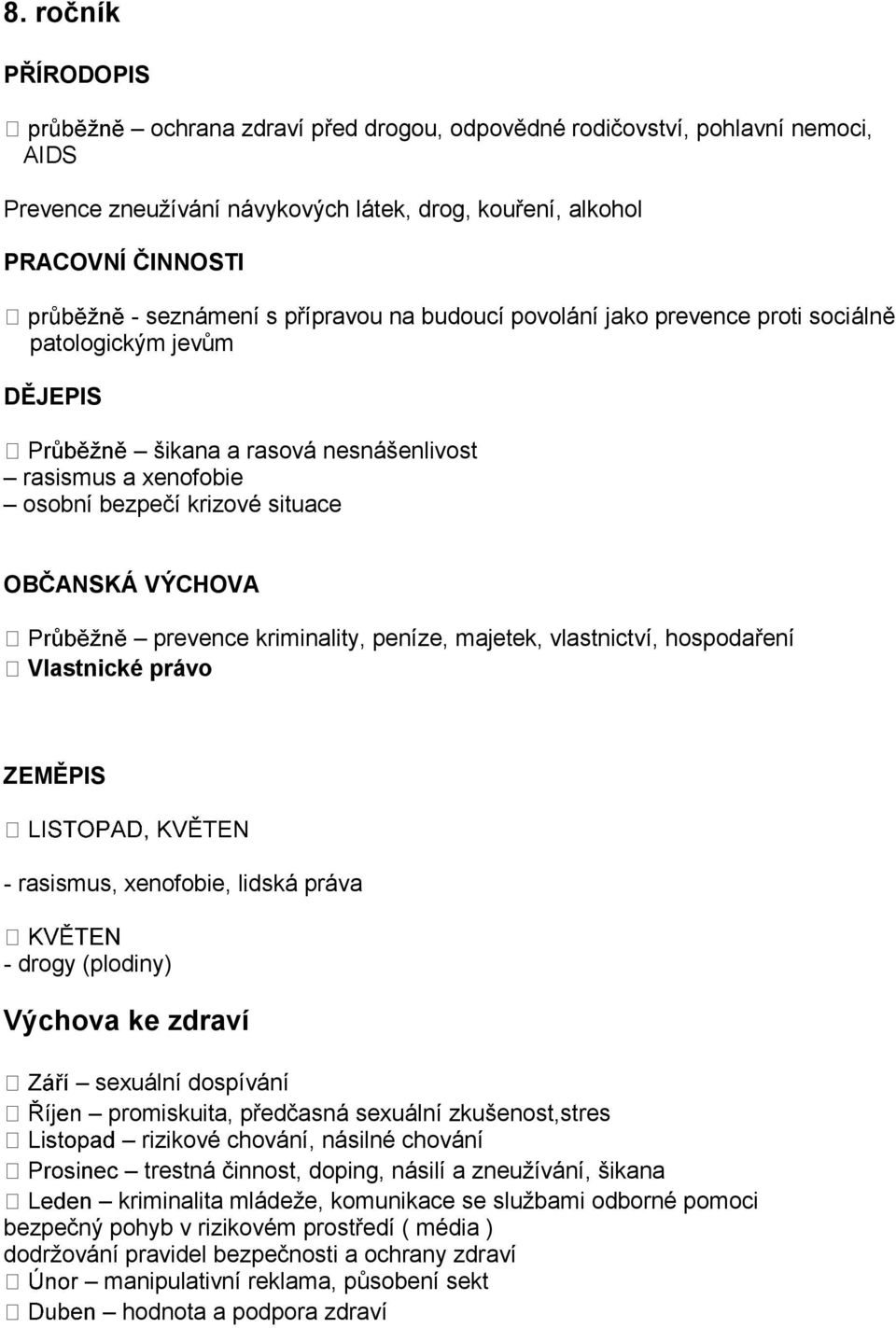 peníze, majetek, vlastnictví, hospodaření Vlastnické právo ZEMĚPIS - rasismus, xenofobie, lidská práva - drogy (plodiny) Výchova ke zdraví sexuální dospívání promiskuita, předčasná sexuální