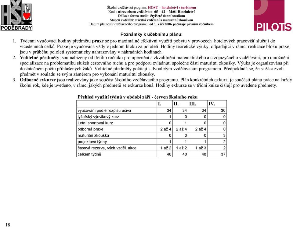 Volitelné předměty jsou nabízeny od třetího ročníku pro upevnění a zkvalitnění matematického a cizojazyčného vzdělávání, pro umožnění specializace na problematiku služeb cestovního ruchu a pro