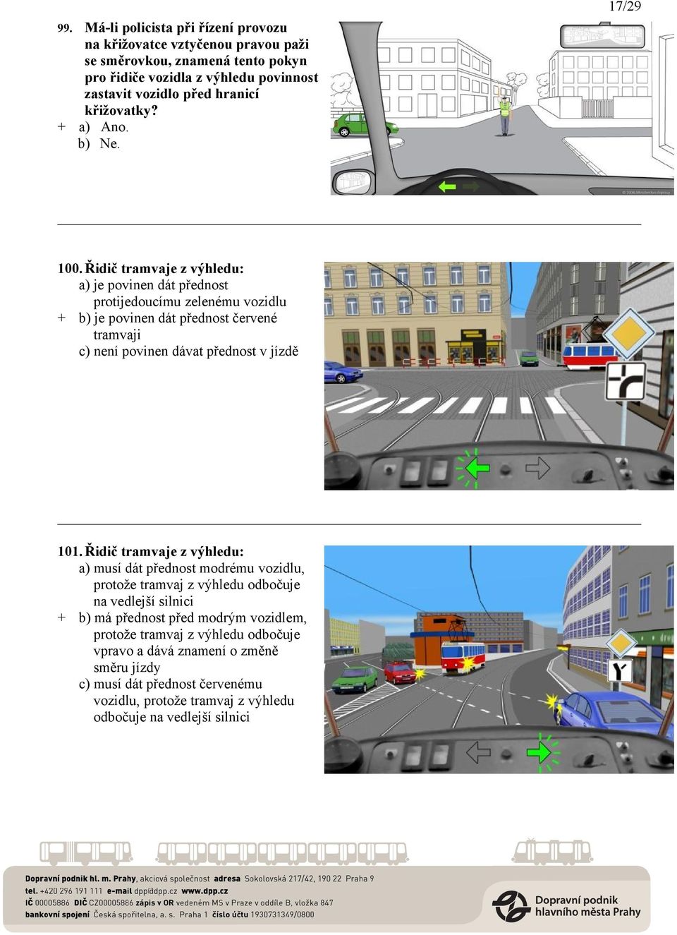 Řidič tramvaje z výhledu: a) je povinen dát přednost protijedoucímu zelenému vozidlu + b) je povinen dát přednost červené tramvaji c) není povinen dávat přednost v jízdě 101.