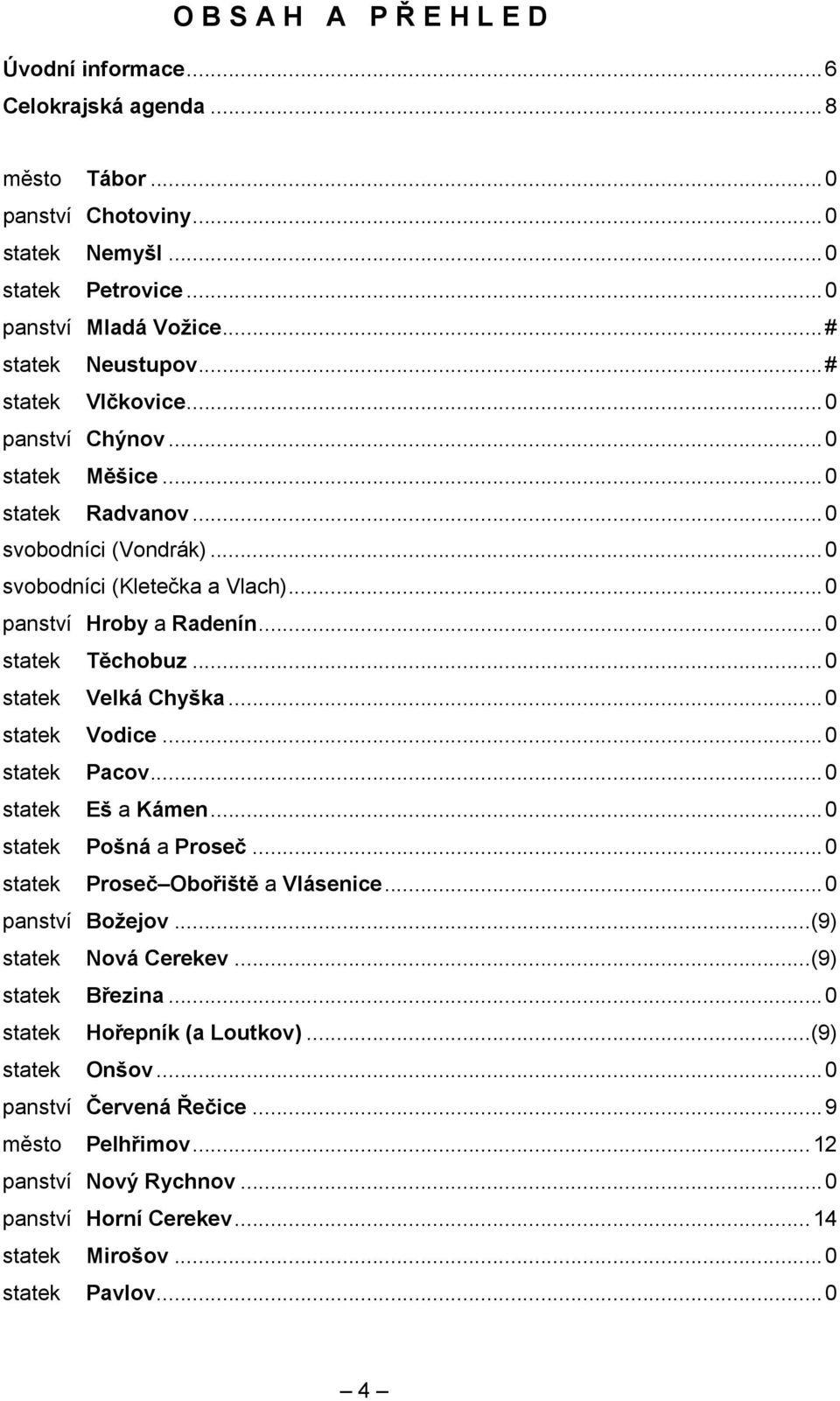 ..0 statek Velká Chyška...0 statek Vodice...0 statek Pacov...0 statek Eš a Kámen...0 statek Pošná a Proseč...0 statek Proseč Obořiště a Vlásenice...0 panství Božejov...(9) statek Nová Cerekev.