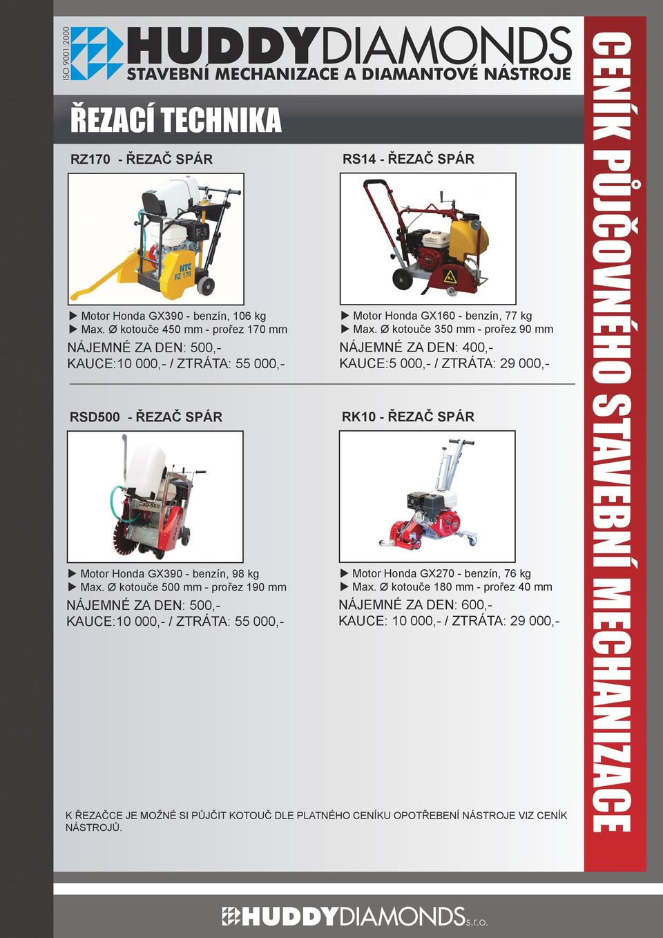 Ø kotouče 500 mm - prořez 190 mm NÁJEMNÉ ZA DEN: 500,- KAUCE:10 000,- / ZTRÁTA: 55 000,- RS14 - ŘEZAČ SPÁR Motor Honda GX160 - benzín, 77 kg Max.