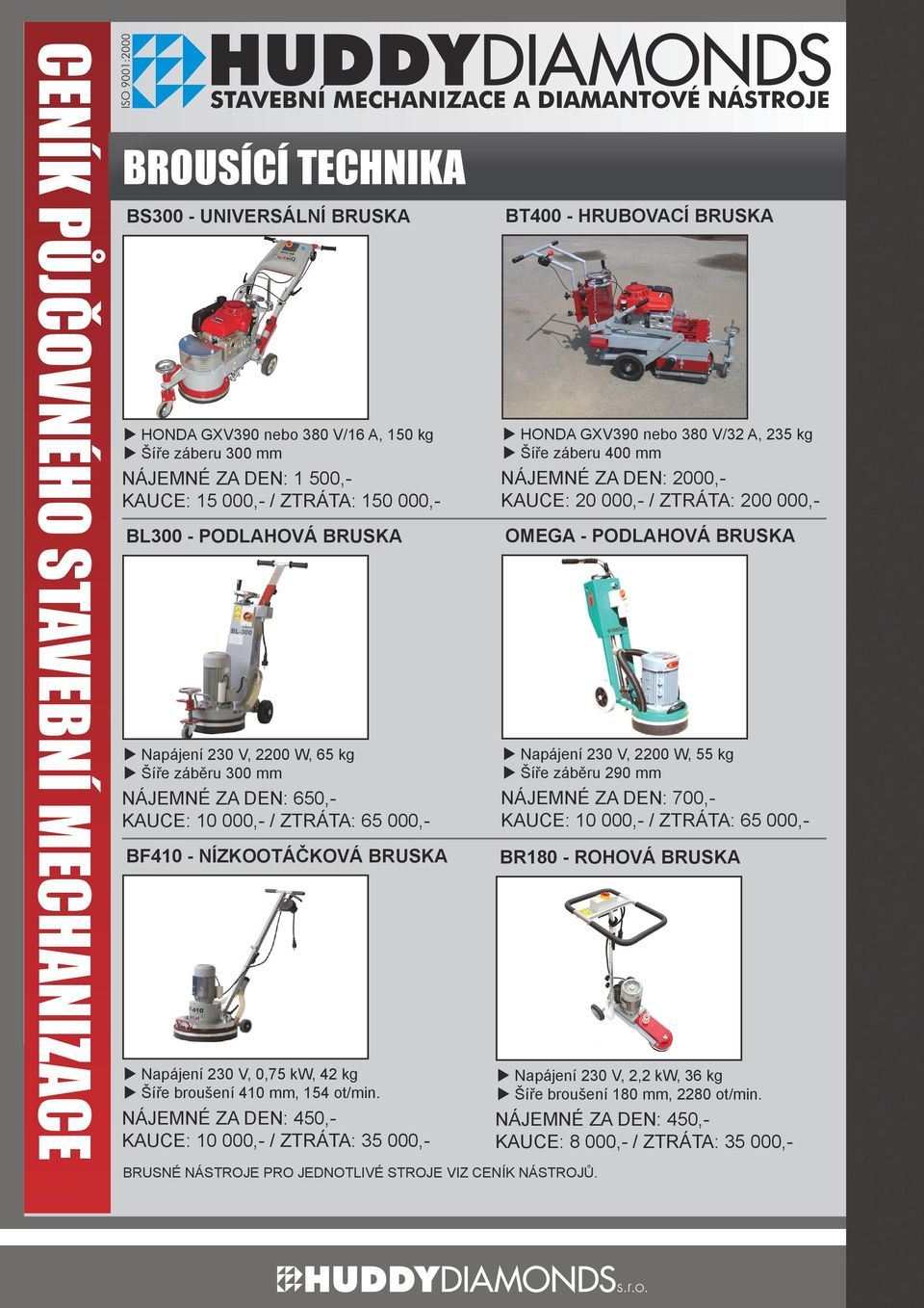 NÁJEMNÉ ZA DEN: 450,- KAUCE: 10 000,- / ZTRÁTA: 35 000,- BRUSNÉ NÁSTROJE PRO JEDNOTLIVÉ STROJE VIZ CENÍK NÁSTROJŮ.