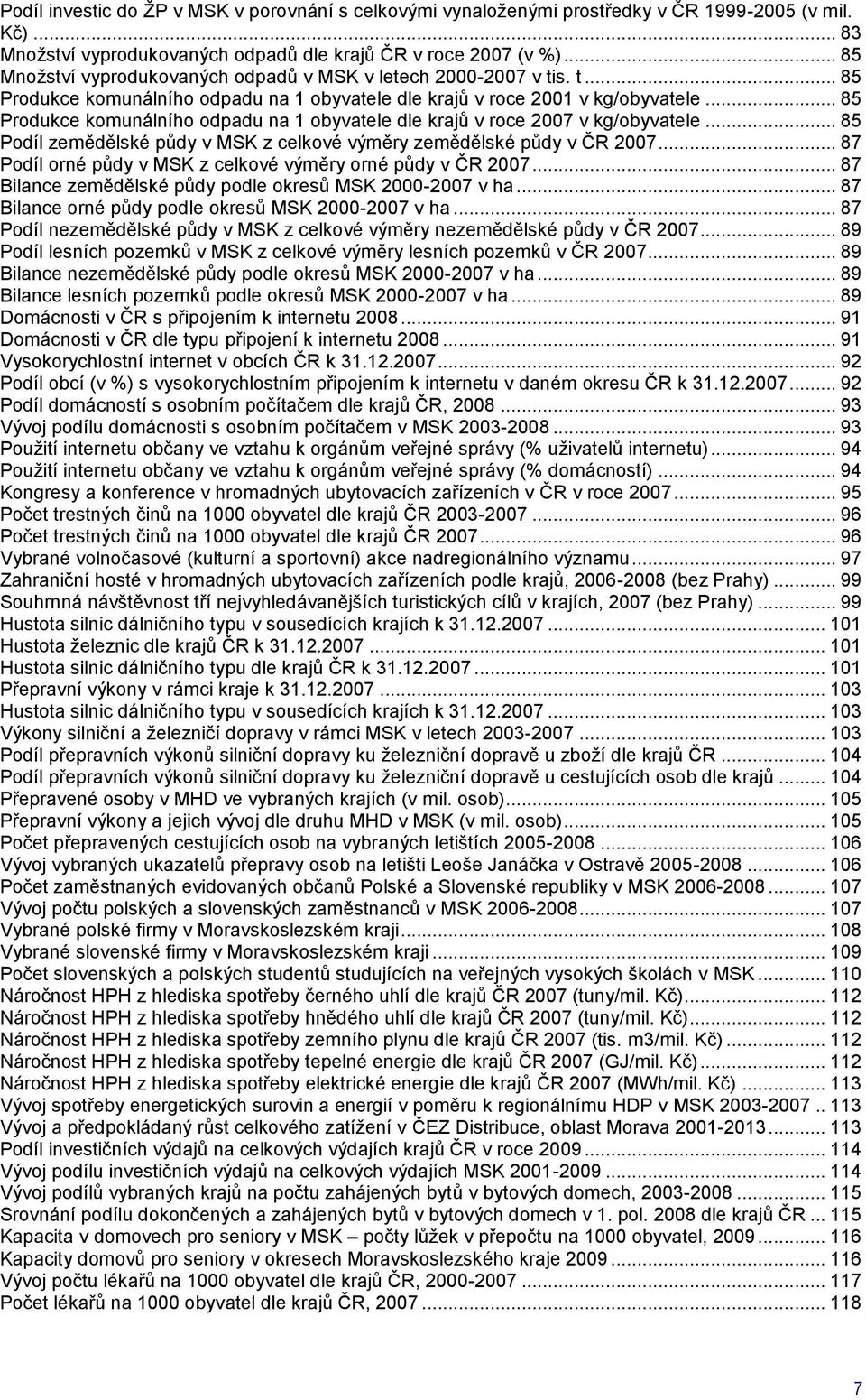 .. 85 Produkce komunálního odpadu na 1 obyvatele dle krajů v roce 2007 v kg/obyvatele... 85 Podíl zemědělské půdy v z celkové výměry zemědělské půdy v ČR 2007.