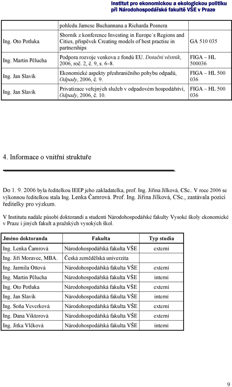 venkova z fondů EU. Dotační věstník, 2006, roč. 2, č. 9, s. 6 8. Ekonomické aspekty přeshraničního pohybu odpadů, Odpady, 2006, č. 9. Privatizace veřejných služeb v odpadovém hospodářství, Odpady, 2006, č.