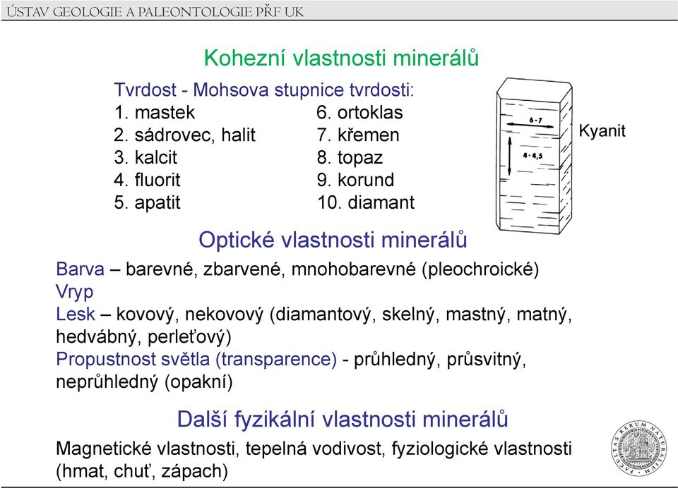 diamant Optické vlastnosti minerálů Barva barevné, zbarvené, mnohobarevné (pleochroické) Vryp Lesk kovový, nekovový (diamantový, skelný, mastný,