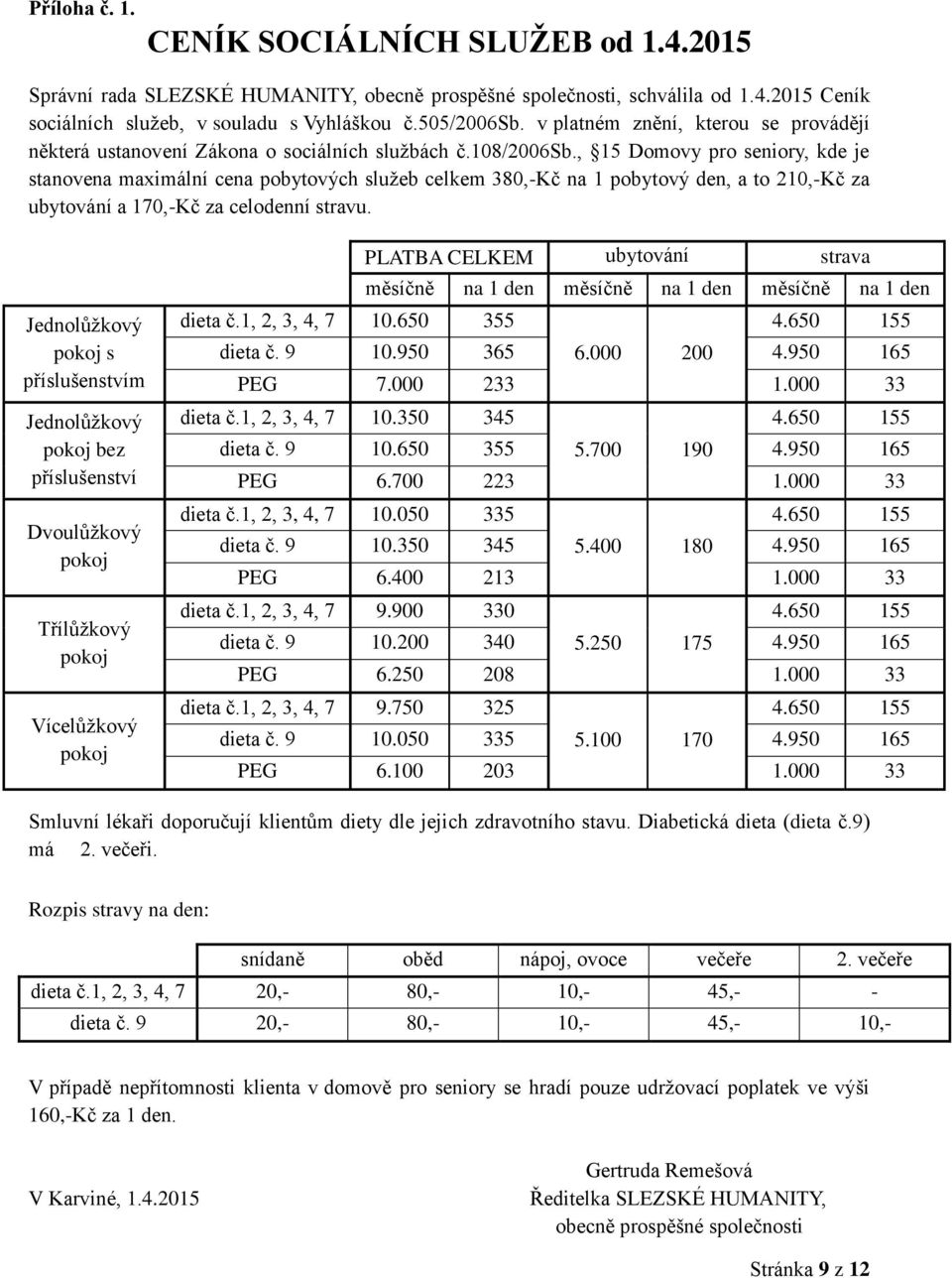 , 15 Domovy pro seniory, kde je stanovena maximální cena pobytových služeb celkem 380,-Kč na 1 pobytový den, a to 210,-Kč za ubytování a 170,-Kč za celodenní stravu.