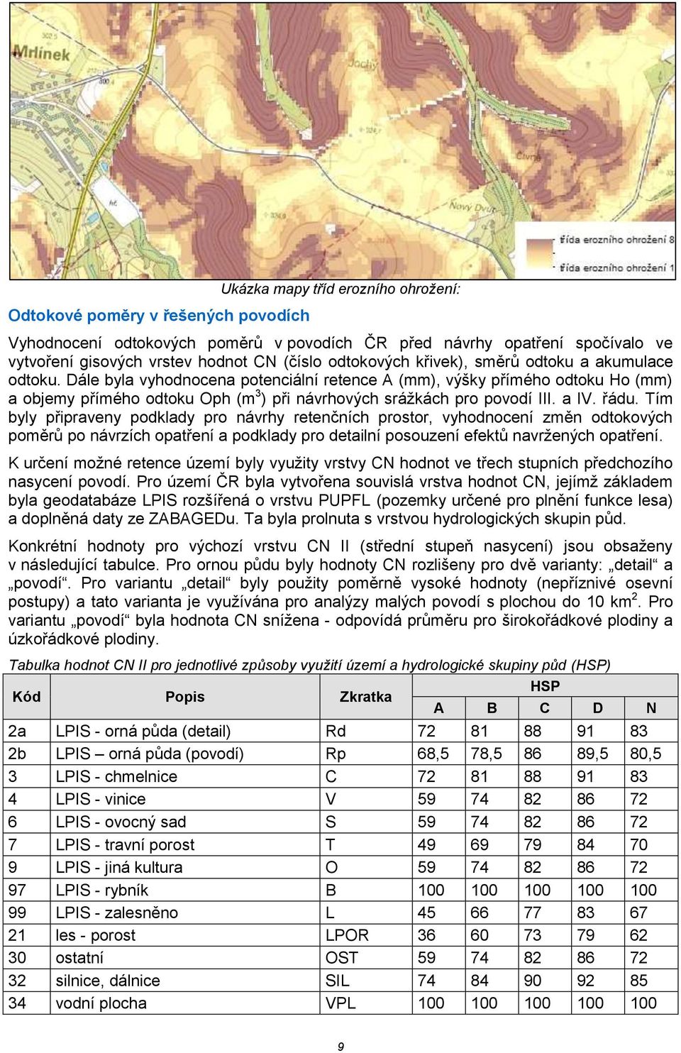 Dále byla vyhodnocena potenciální retence A (mm), výšky přímého odtoku Ho (mm) a objemy přímého odtoku Oph (m 3 ) při návrhových srážkách pro povodí III. a IV. řádu.