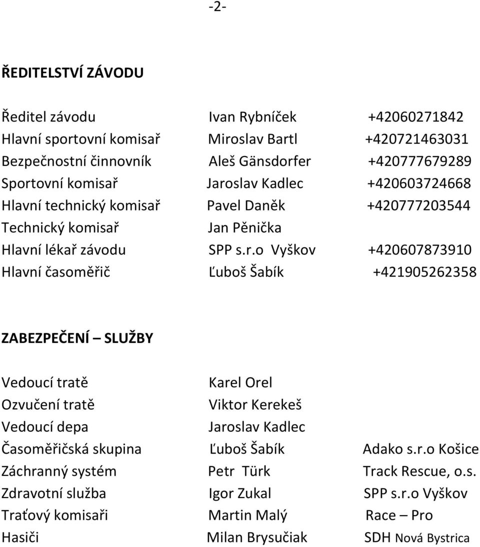 Hlavní časoměřič Ľuboš Šabík +421905262358 ZABEZPEČENÍ SLUŽBY Vedoucí tratě Karel Orel Ozvučení tratě Viktor Kerekeš Vedoucí depa Jaroslav Kadlec Časoměřičská skupina Ľuboš Šabík