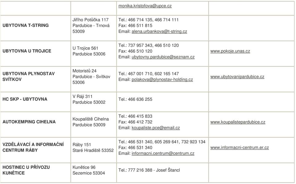 cz UBYTOVNA PLYNOSTAV SVÍTKOV Motoristů 24 Pardubice - Svítkov 53006 Tel.: 467 001 710, 602 165 147 Email: polakova@plynostav-holding.cz www.ubytovanipardubice.cz HC SKP - UBYTOVNA V Ráji 311 Tel.