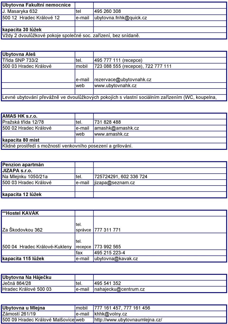 cz www.ubytovnahk.cz Levné ubytování převážně ve dvoulůžkových pokojích s vlastní sociálním zařízením (WC, koupelna, AMAS HK s.r.o. Pražská třída 12/78 tel.