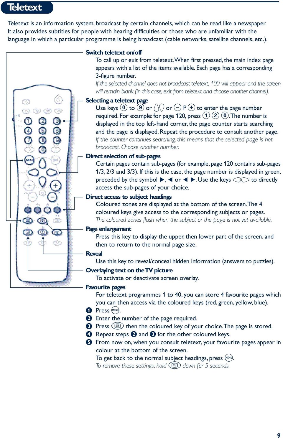 etc.). Switch teletext on/off To call up or exit from teletext.when first pressed, the main index page appears with a list of the items available. Each page has a corresponding 3-figure number.