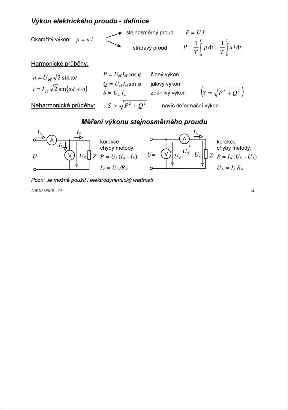 výkon S > P + Q navíc deformační výkon Měření výkonu stejnosměrného proudu T T 0 u i dt ( S = P + Q ) I I Z I V V = Z Z korekce korekce chyby