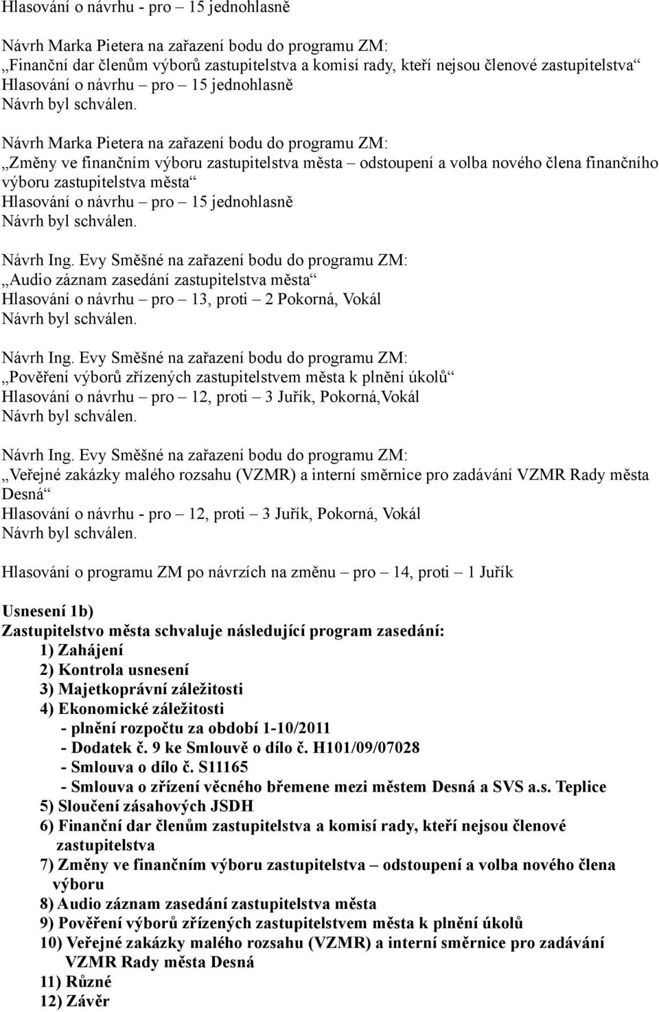 Návrh Marka Pietera na zařazení bodu do programu ZM: Změny ve finančním výboru zastupitelstva města odstoupení a volba nového člena finančního výboru zastupitelstva města Hlasování o  Návrh Ing.