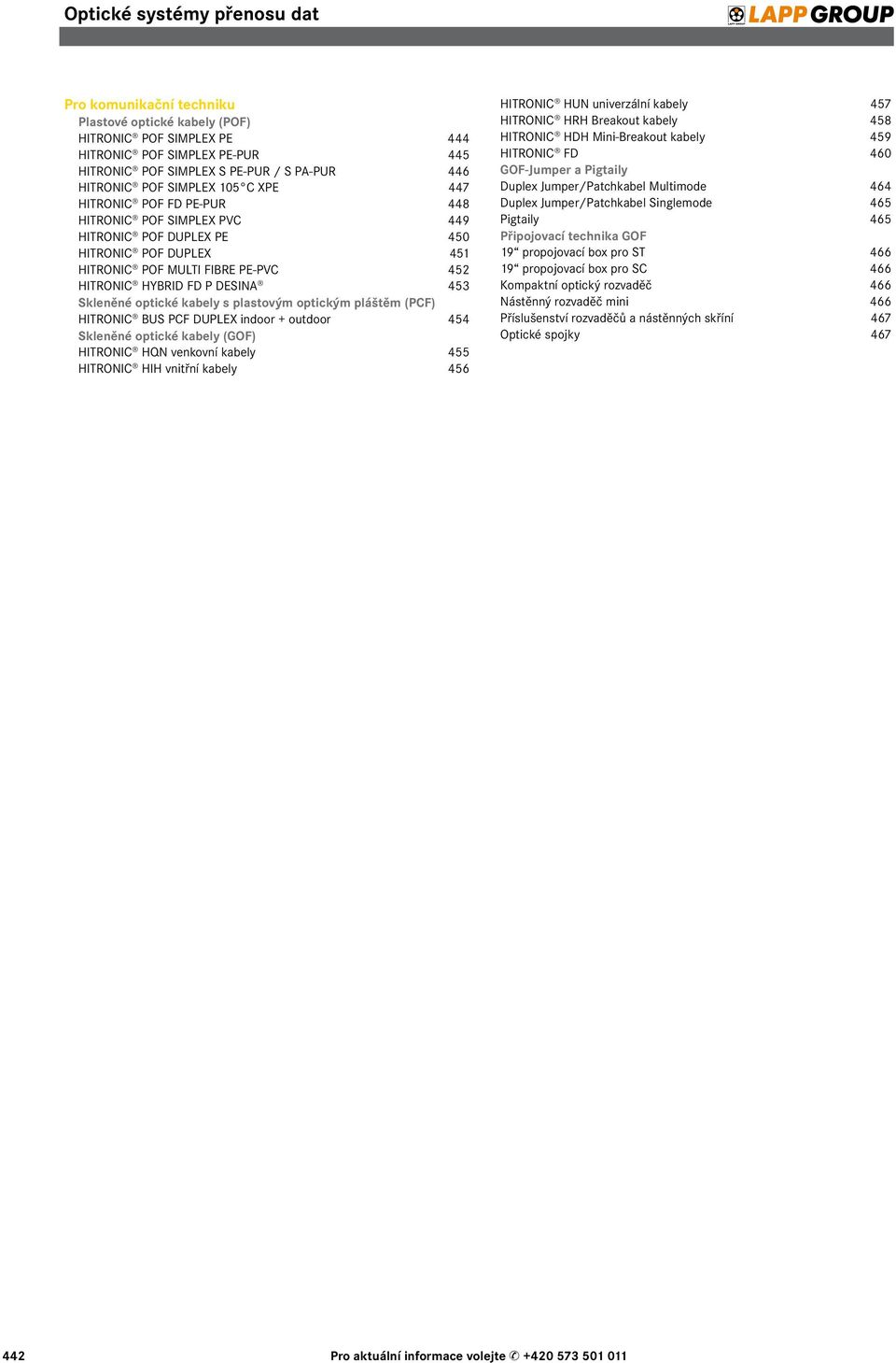 pláštěm (PCF) HITRONIC BUS PCF DUPLEX indoor + outdoor 454 Skleněné optické kabely (GOF) HITRONIC HQN venkovní kabely 455 HITRONIC HIH vnitřní kabely 456 HITRONIC HUN univerzální kabely 457 HITRONIC