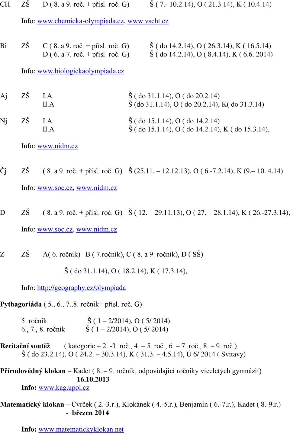 3.14) Nj ZŠ I.A Š ( do 15.1.14), O ( do 14.2.14) II.A Š ( do 15.1.14), O ( do 14.2.14), K ( do 15.3.14), Info: www.nidm.cz Čj ZŠ ( 8. a 9. roč. + přísl. roč. G) Š (25.11. 12.12.13), O ( 6.-7.2.14), K (9.