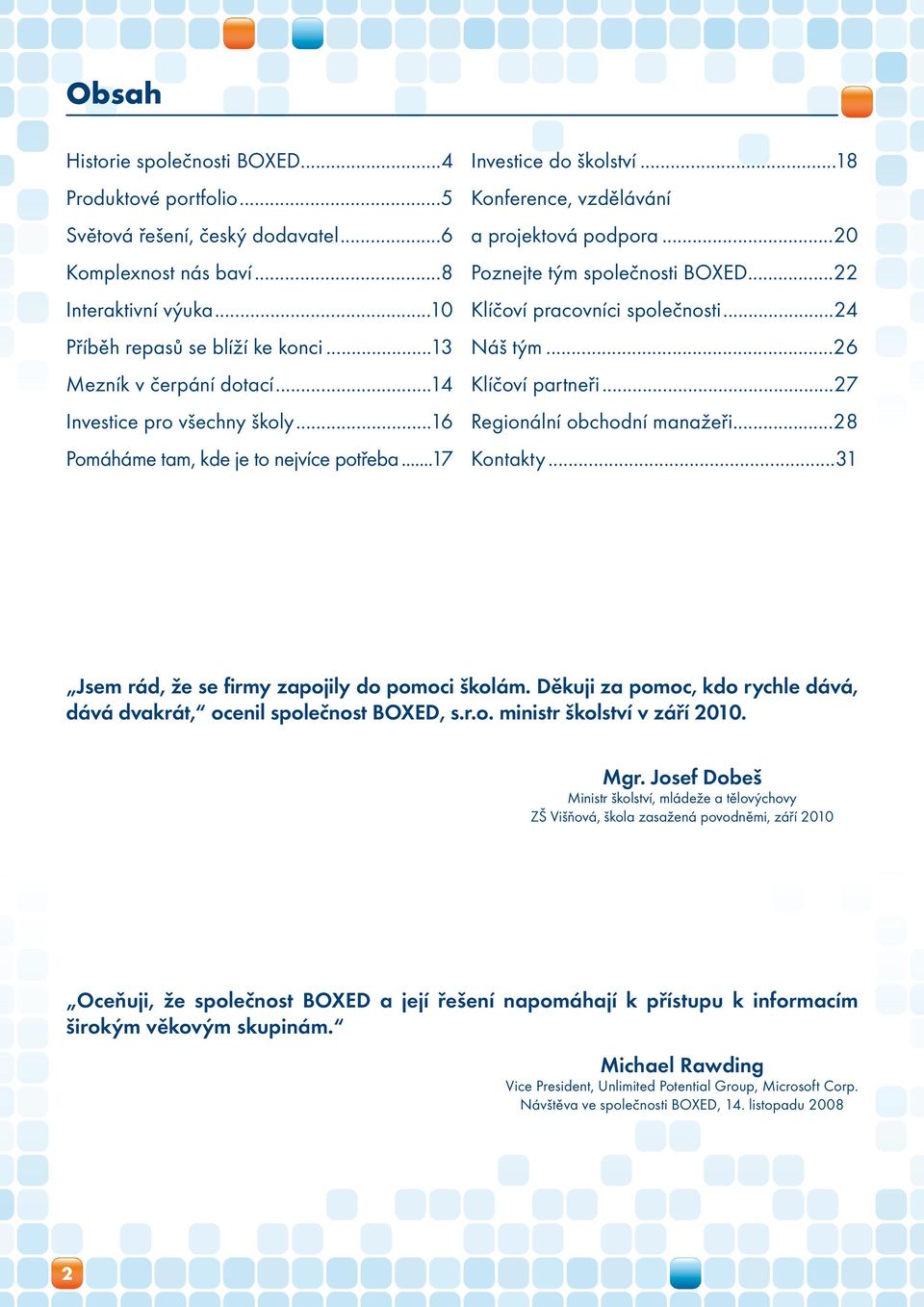 ..20 Poznejte tým společnosti BOXED...22 Klíčoví pracovníci společnosti...24 Náš tým...26 Klíčoví partneři...27 Regionální obchodní manažeři...28 Kontakty.