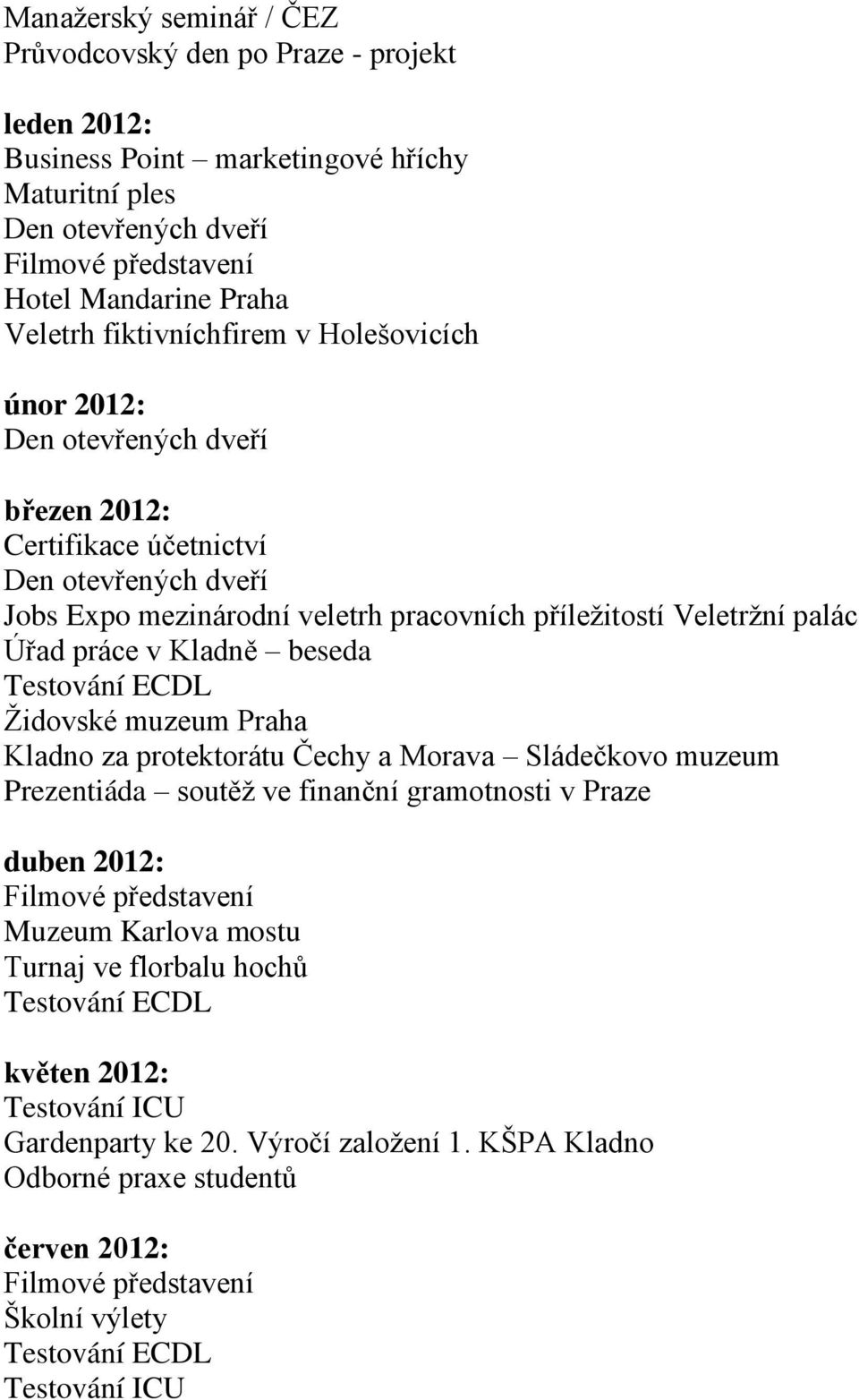 práce v Kladně beseda Testování ECDL Židovské muzeum Praha Kladno za protektorátu Čechy a Morava Sládečkovo muzeum Prezentiáda soutěž ve finanční gramotnosti v Praze duben 2012: Filmové představení