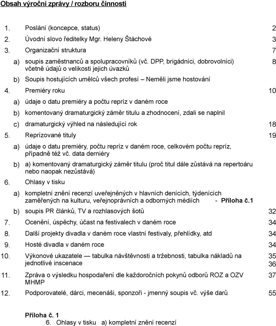 Premiéry roku 10 a) údaje o datu premiéry a počtu repríz v daném roce b) komentovaný dramaturgický záměr titulu a zhodnocení, zdali se naplnil c) dramaturgický výhled na následující rok 18 5.