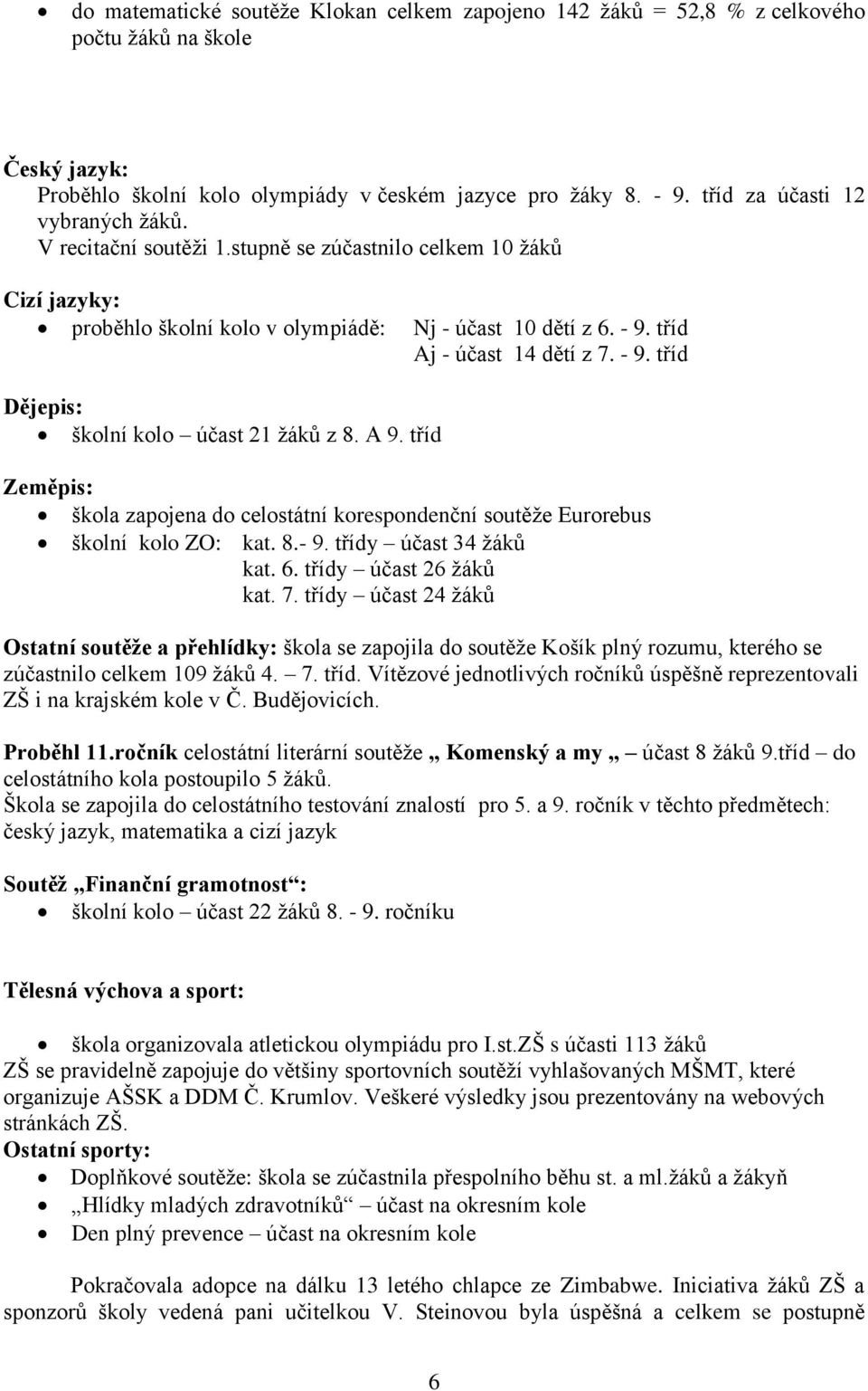 - 9. tříd Dějepis: školní kolo účast 21 žáků z 8. A 9. tříd Zeměpis: škola zapojena do celostátní korespondenční soutěže Eurorebus školní kolo ZO: kat. 8.- 9. třídy účast 34 žáků kat. 6.