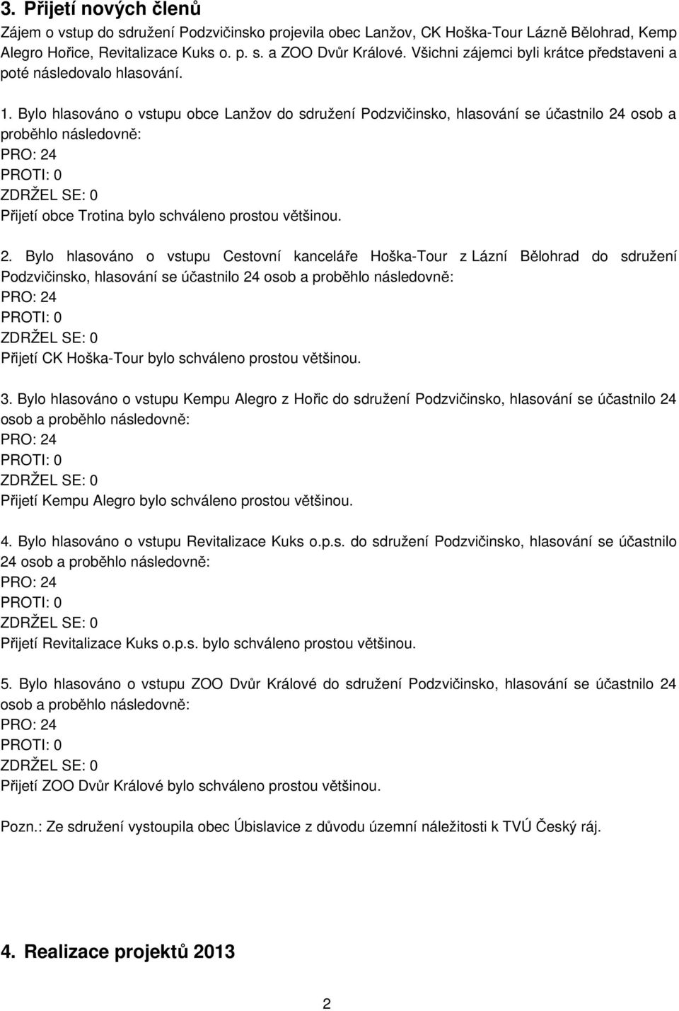 Bylo hlasováno o vstupu obce Lanžov do sdružení Podzvičinsko, hlasování se účastnilo 24 osob a proběhlo následovně: PRO: 24 PROTI: 0 ZDRŽEL SE: 0 Přijetí obce Trotina bylo schváleno prostou většinou.