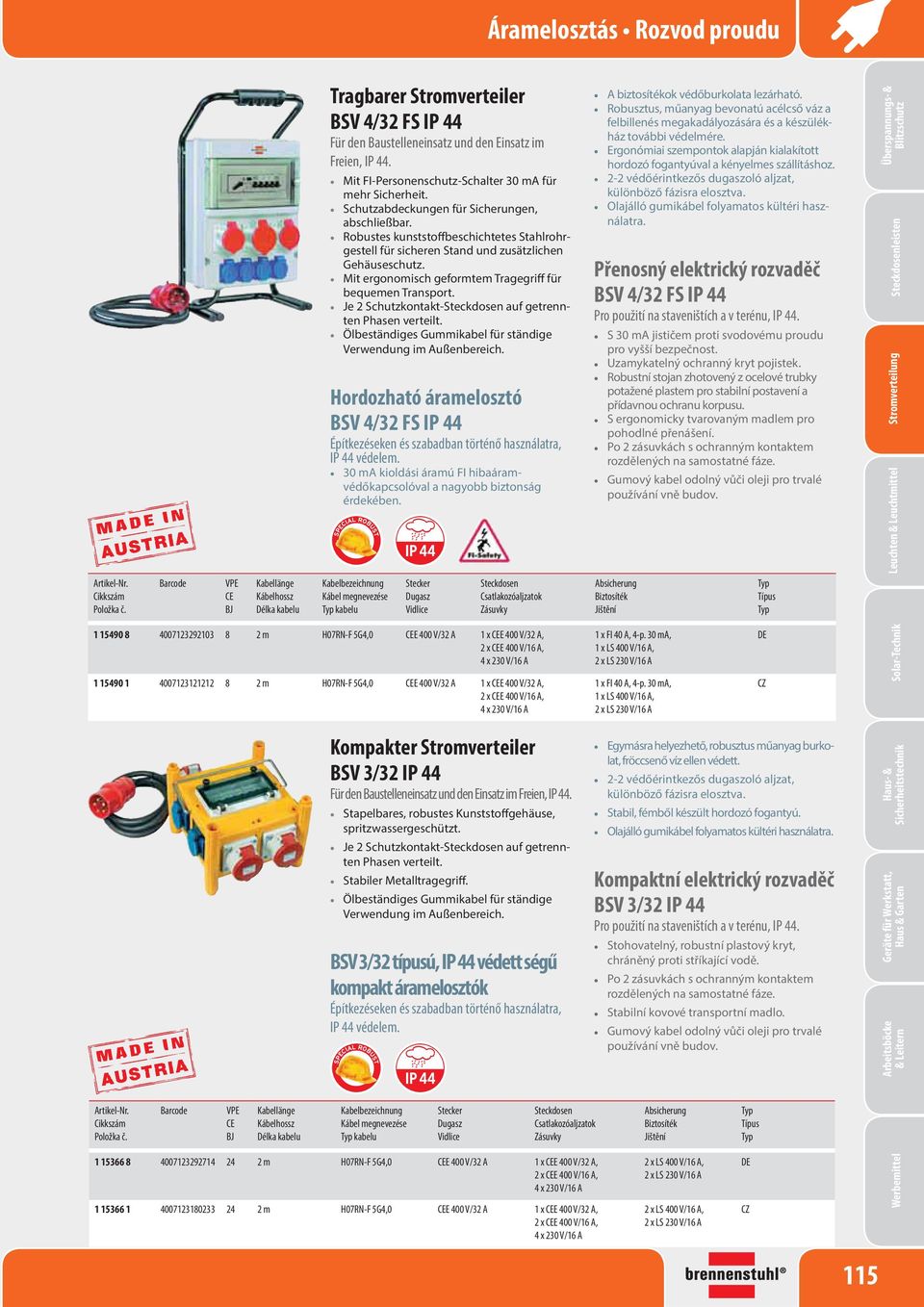 Mit ergonomisch geformtem Tragegrif für bequemen Transport. Je 2 Schutzkontakt- auf getrennten Phasen verteilt. Ölbeständiges Gummikabel für ständige Verwendung im Außenbereich.