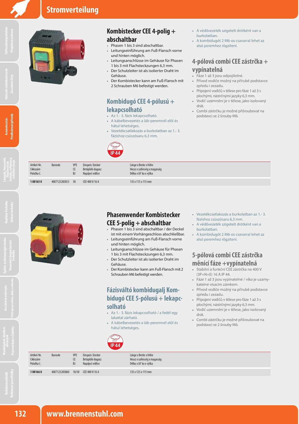 Der Kombistecker kann am Fuß-Flansch mit 2 Schrauben M6 befestigt werden. Kombidugó E 4-pólusú + lekapcsolható Az 1.- 3. fázis lekapcsolható. A kábelbevezetés a láb-peremnél elöl és hátul lehetséges.