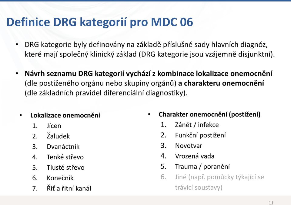 Návrh seznamu DRG kategorií vychází z kombinace lokalizace onemocnění (dle postiženého orgánu nebo skupiny orgánů) a charakteru onemocnění (dle základních pravidel