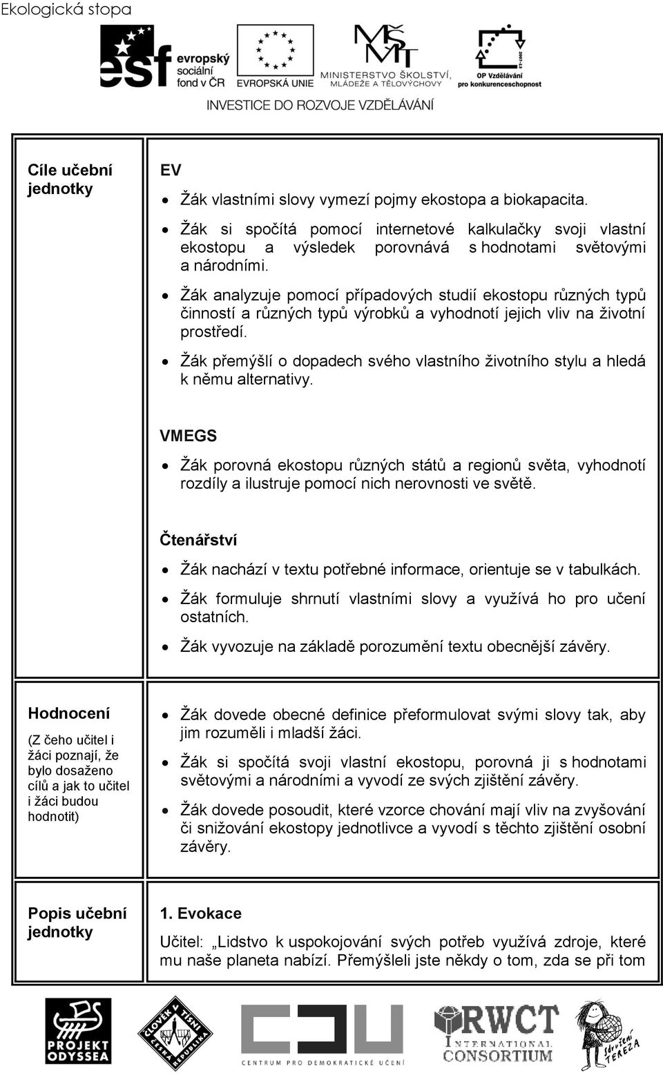 Ţák analyzuje pomocí případových studií ekostopu různých typů činností a různých typů výrobků a vyhodnotí jejich vliv na ţivotní prostředí.