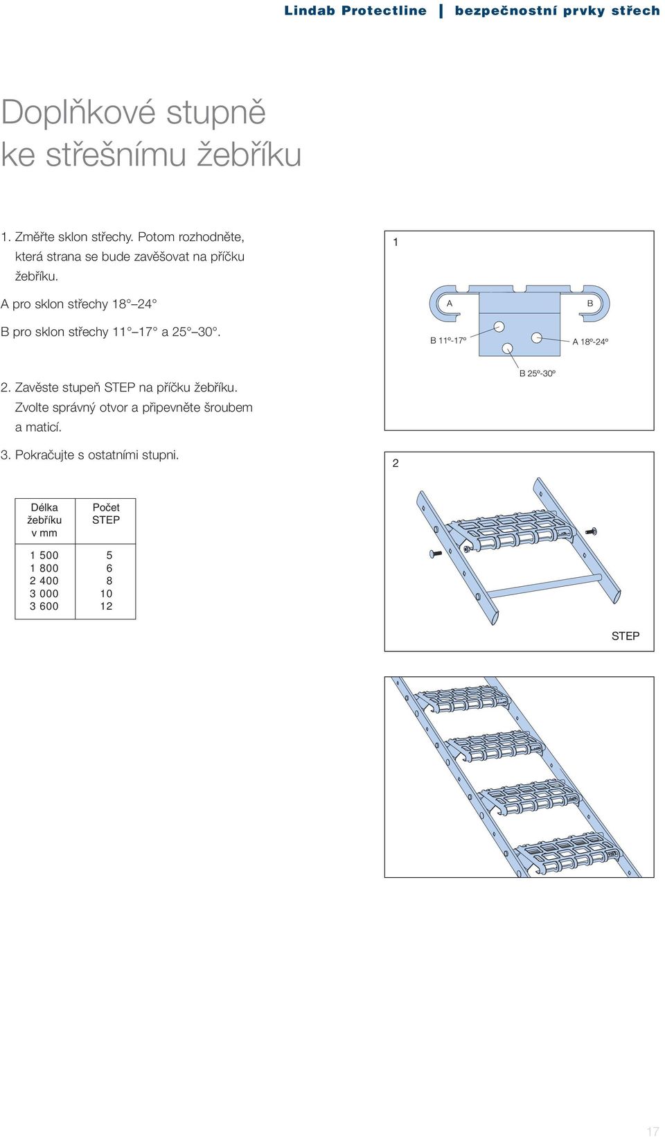 1 Apro sklon střechy 18 24 Bpro sklon střechy 11 17 a 25 30. 2. Zavěste stupeň STEP na příčku žebříku.
