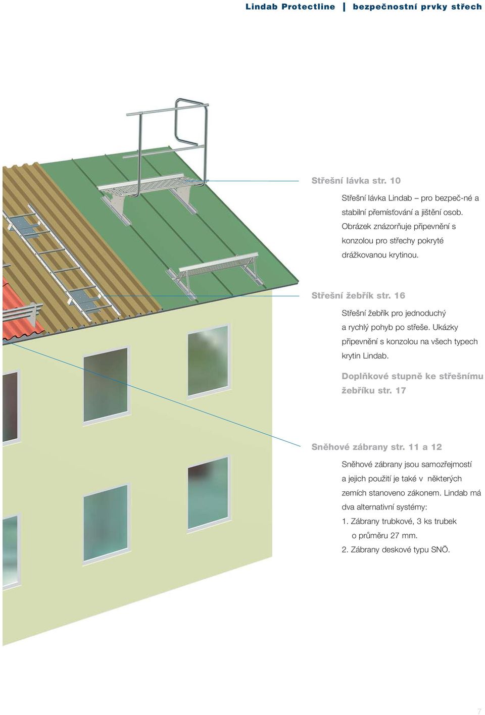 16 Střešní žebřík pro jednoduchý a rychlý pohyb po střeše. Ukázky připevnění s konzolou na všech typech krytin Lindab.