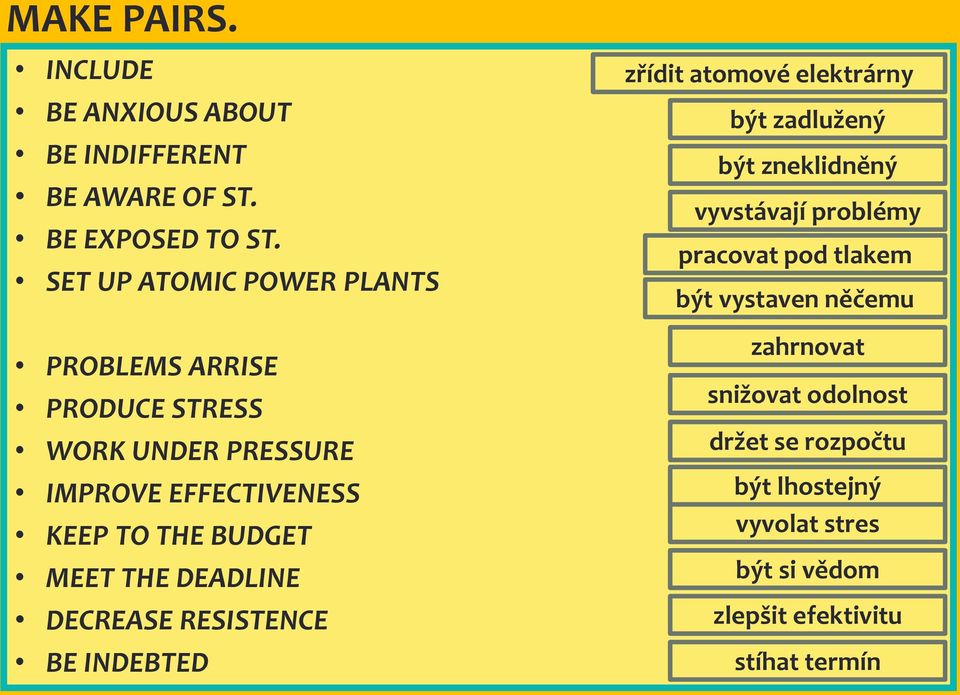 MEET THE DEADLINE DECREASE RESISTENCE BE INDEBTED zřídit atomové elektrárny být zadlužený být zneklidněný vyvstávají