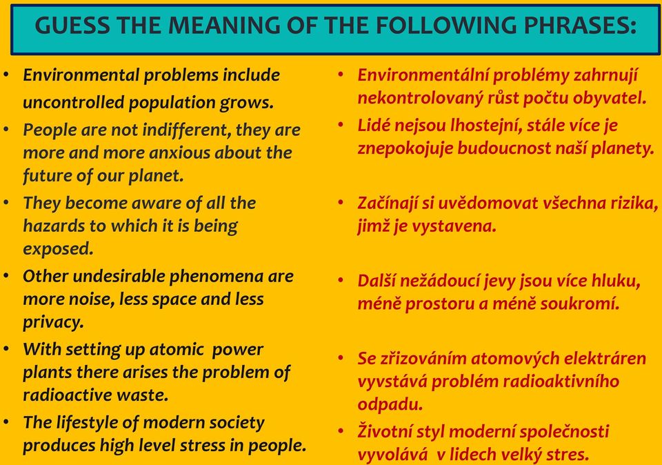 With setting up atomic power plants there arises the problem of radioactive waste. The lifestyle of modern society produces high level stress in people.