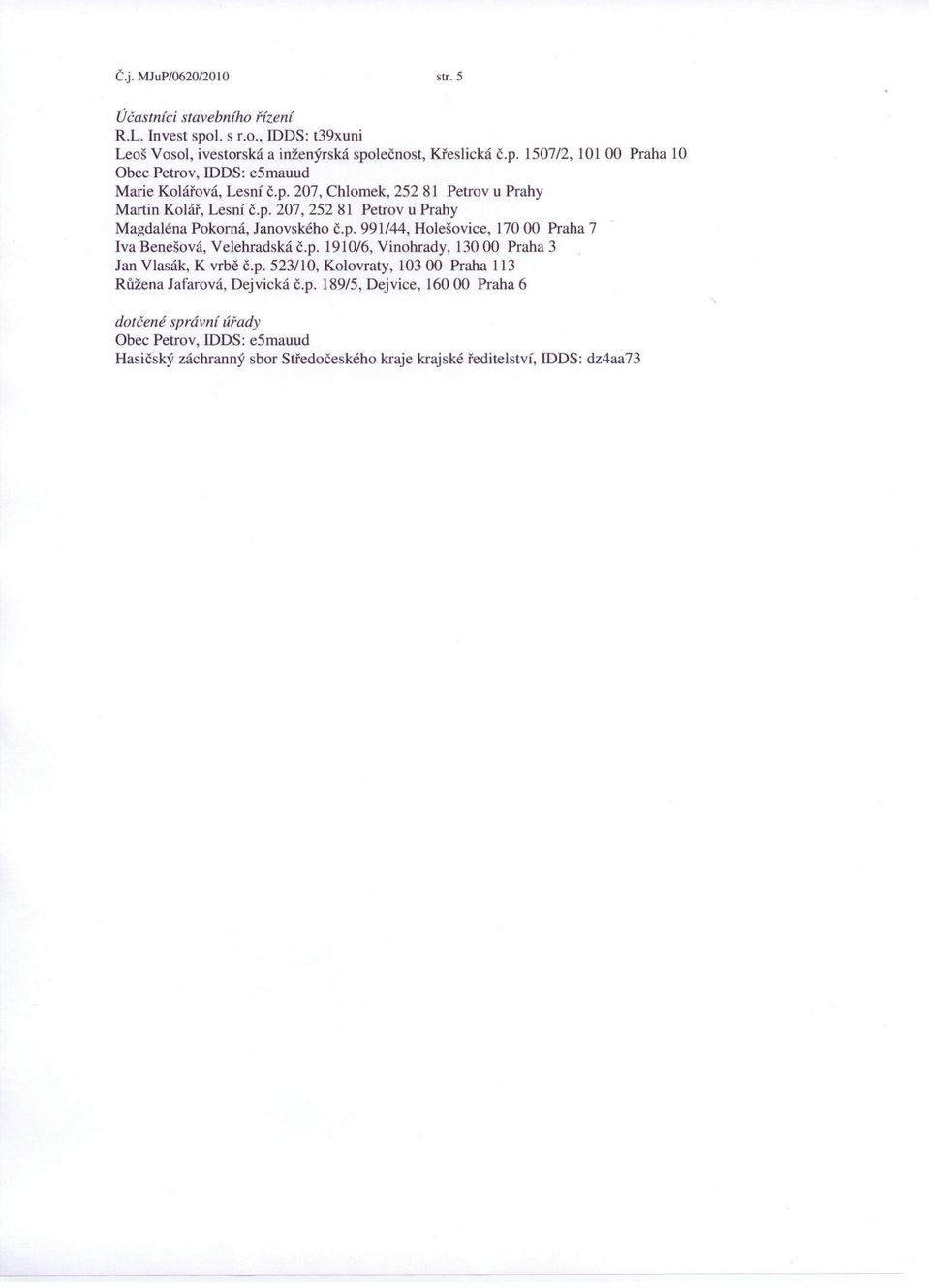 p. 1910/6, Vinohrady, 13000 Praha 3 Jan Vlasák, K vrbě č.p. 523/10, Kolovraty, 10300 Praha 113 Růžena Jafarová, Dejvická č.p. 189/5, Dejvice, 16000 Praha 6 dotčené správní úřady Obec Petro v, IDOS: e5mauud Hasičský záchranný sbor Středočeského kraje krajské ředitelství, IDOS: dz4aa73