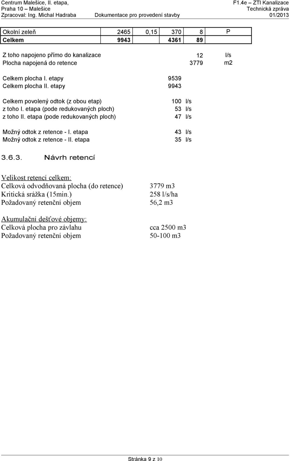 etapa (pode redukovaných ploch) Možný odtok z retence - I. etapa Možný odtok z retence - II. etapa 100 l/s 53 