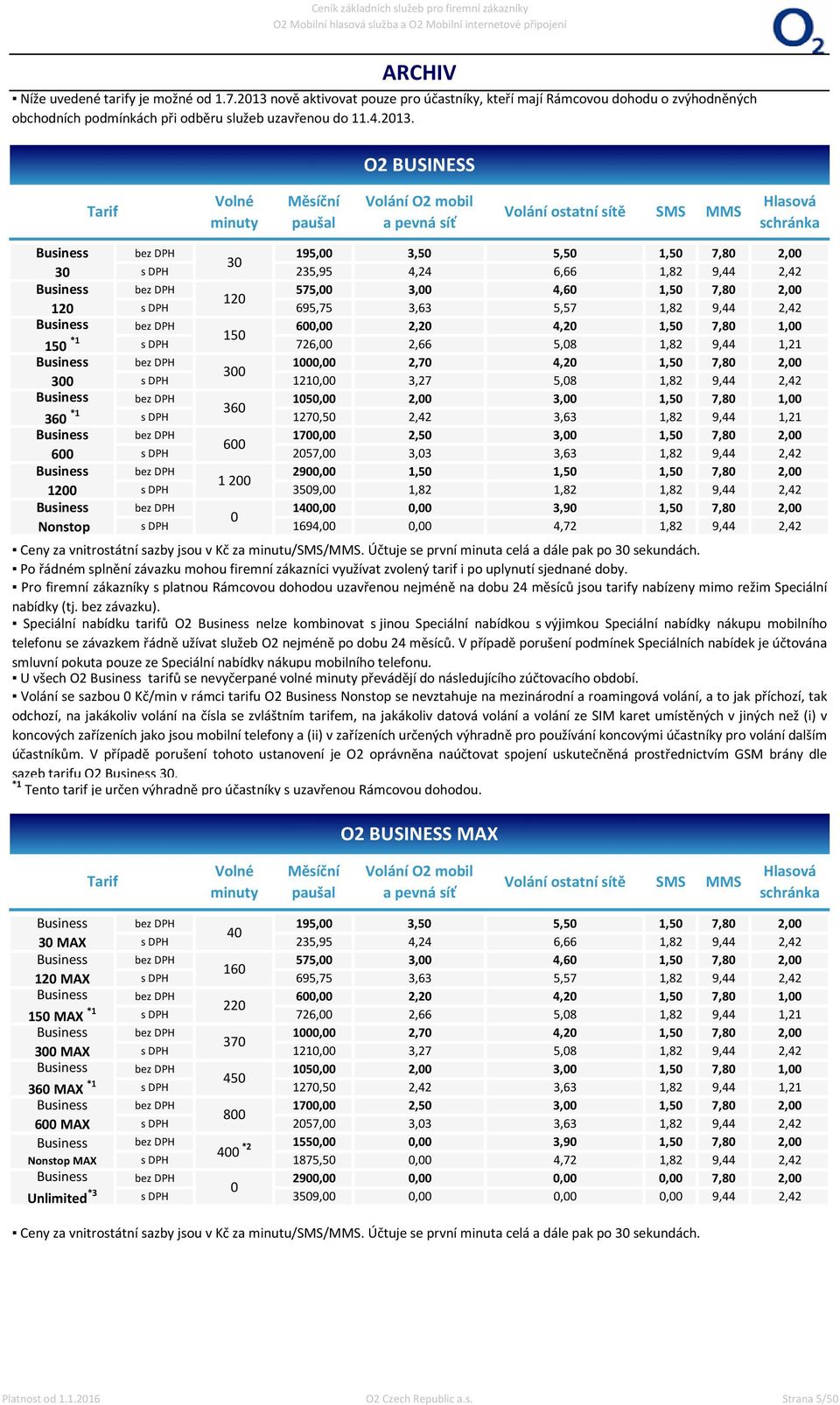 O2 BUSINESS Tarif Volné minuty Měsíční paušal Volání O2 mobil a pevná síť Volání ostatní sítě SMS MMS Hlasová schránka Business 19,00,0,0 1,0 7,80 2,00 0 0 2,9,2 6,66 1,82 9, 2,2 Business 7,00,00,60