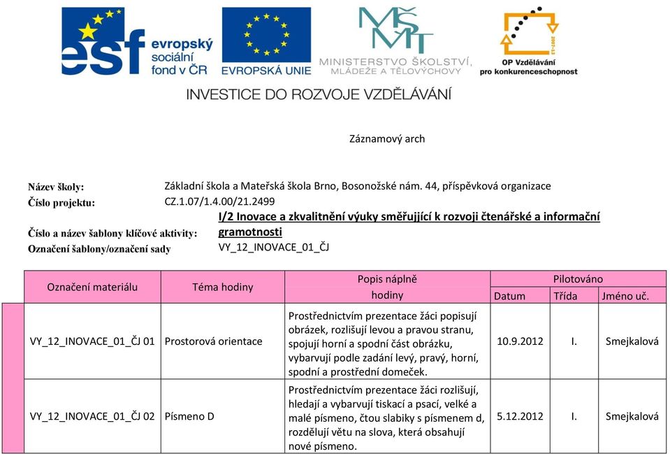 materiálu Téma hodiny VY_12_INOVACE_01_ČJ 01 Prostorová orientace VY_12_INOVACE_01_ČJ 02 Písmeno D Popis náplně Pilotováno hodiny Datum Třída Jméno uč.