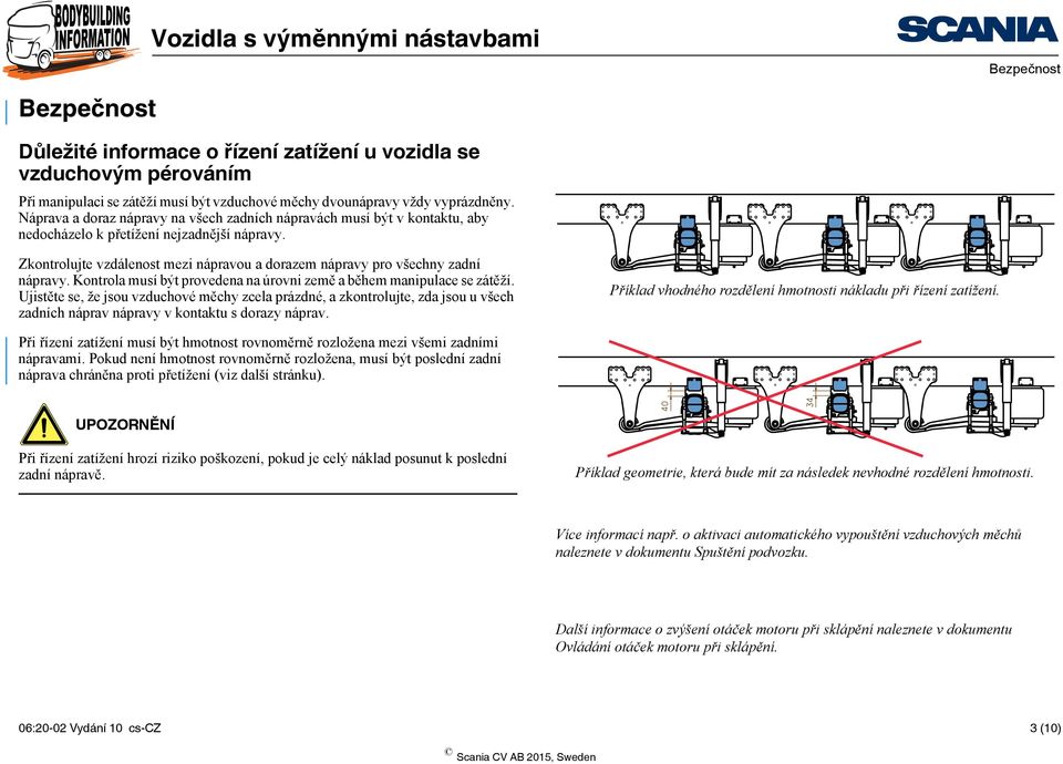 Zkontrolujte vzdálenost mezi nápravou a dorazem nápravy pro všechny zadní nápravy. Kontrola musí být provedena na úrovni země a během manipulace se zátěží.