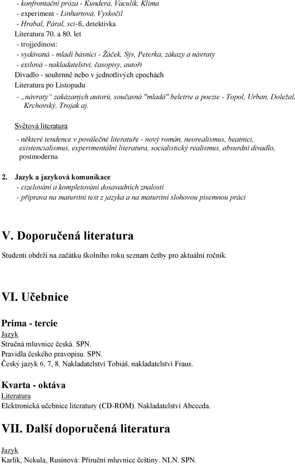 Listopadu - návraty zakázaných autorů, současná "mladá" beletrie a poezie - Topol, Urban, Doležal, Krchovský, Trojak aj.