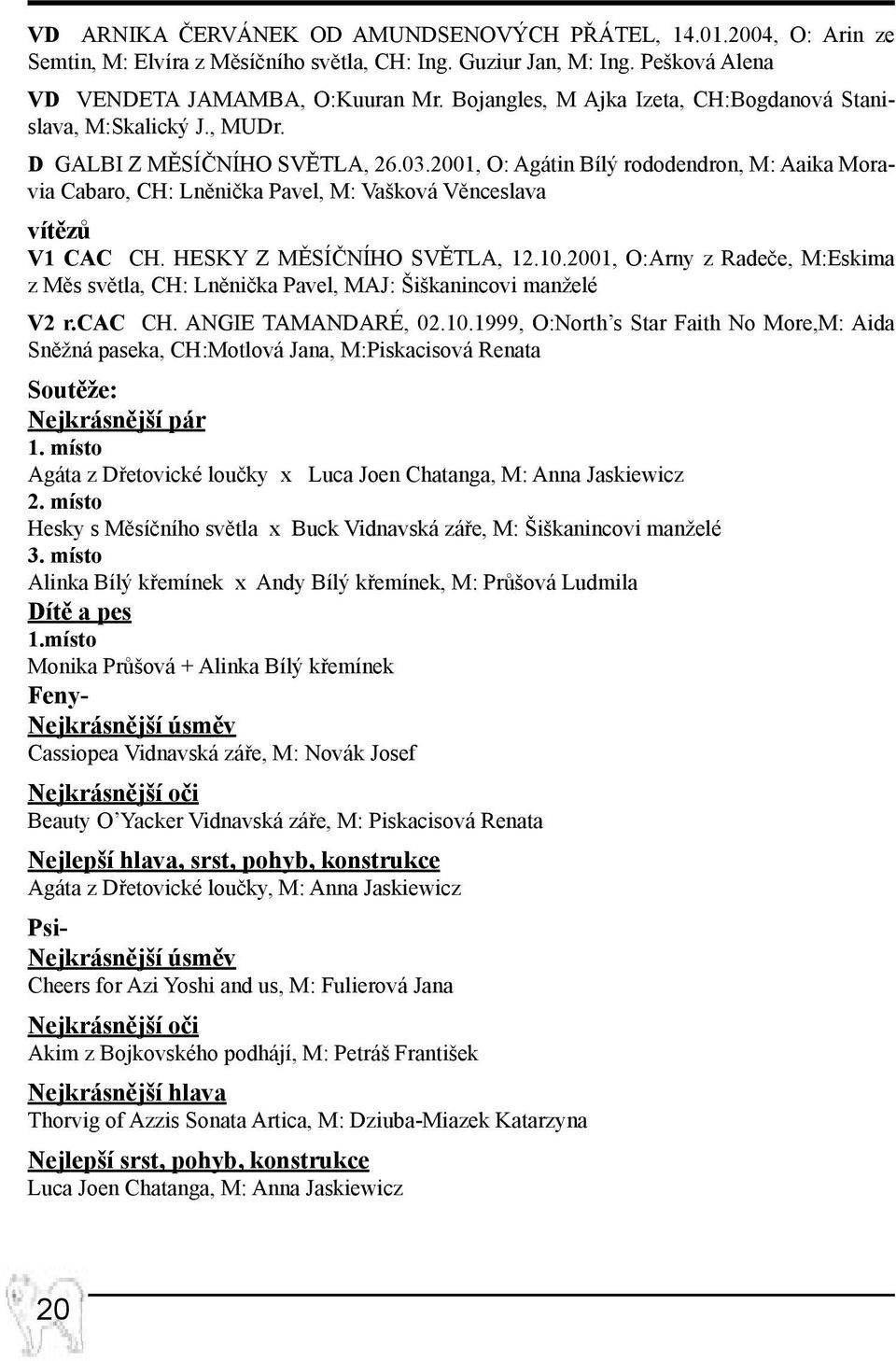 2001, O: Agátin Bílý rododendron, M: Aaika Moravia Cabaro, CH: Lněnička Pavel, M: Vašková Věnceslava vítězů V1 CAC CH. HESKY Z MĚSÍČNÍHO SVĚTLA, 12.10.