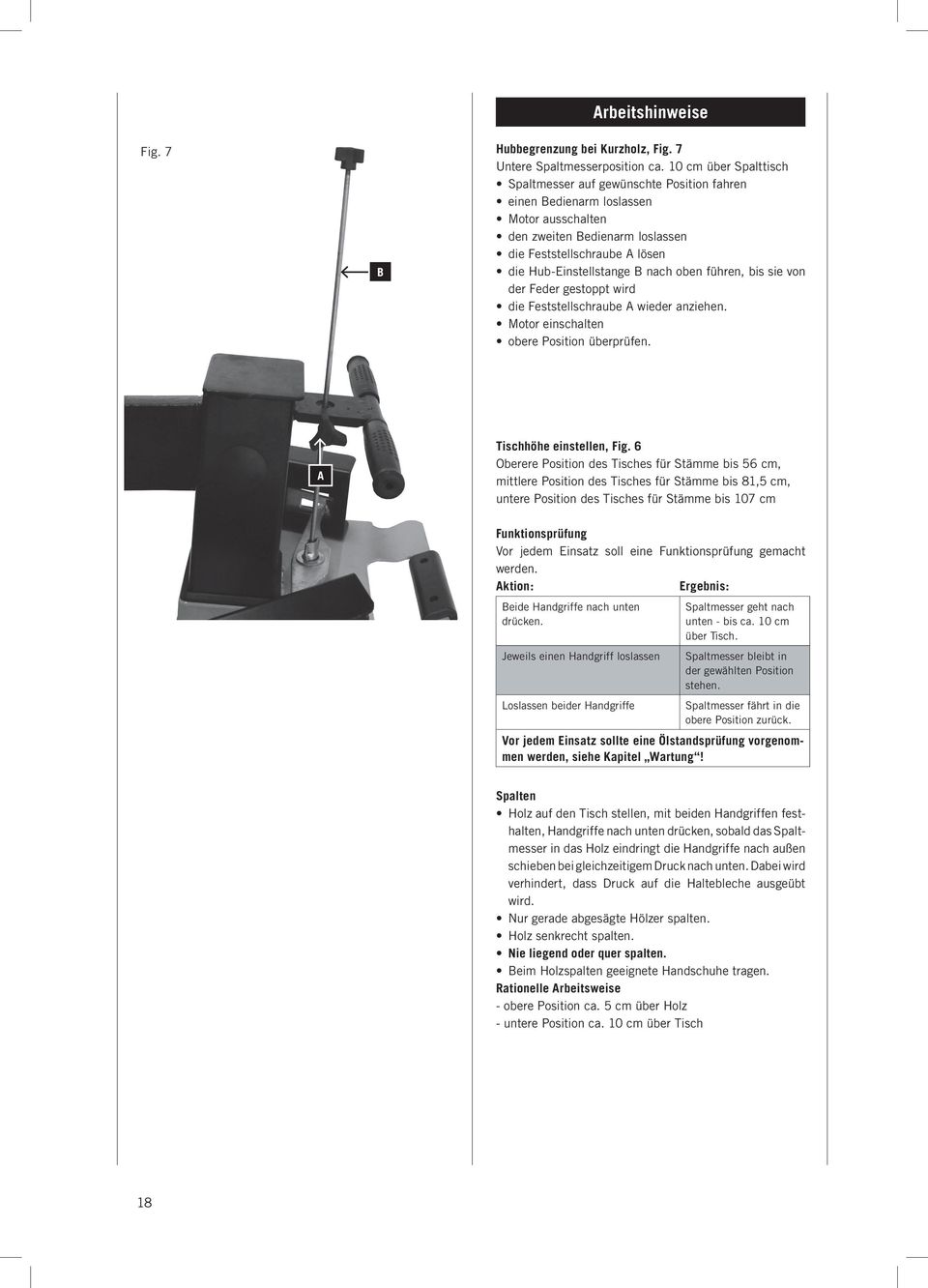 nach oben führen, bis sie von der Feder gestoppt wird die Feststellschraube A wieder anziehen. Motor einschalten obere Position überprüfen. A Tischhöhe einstellen, Fig.