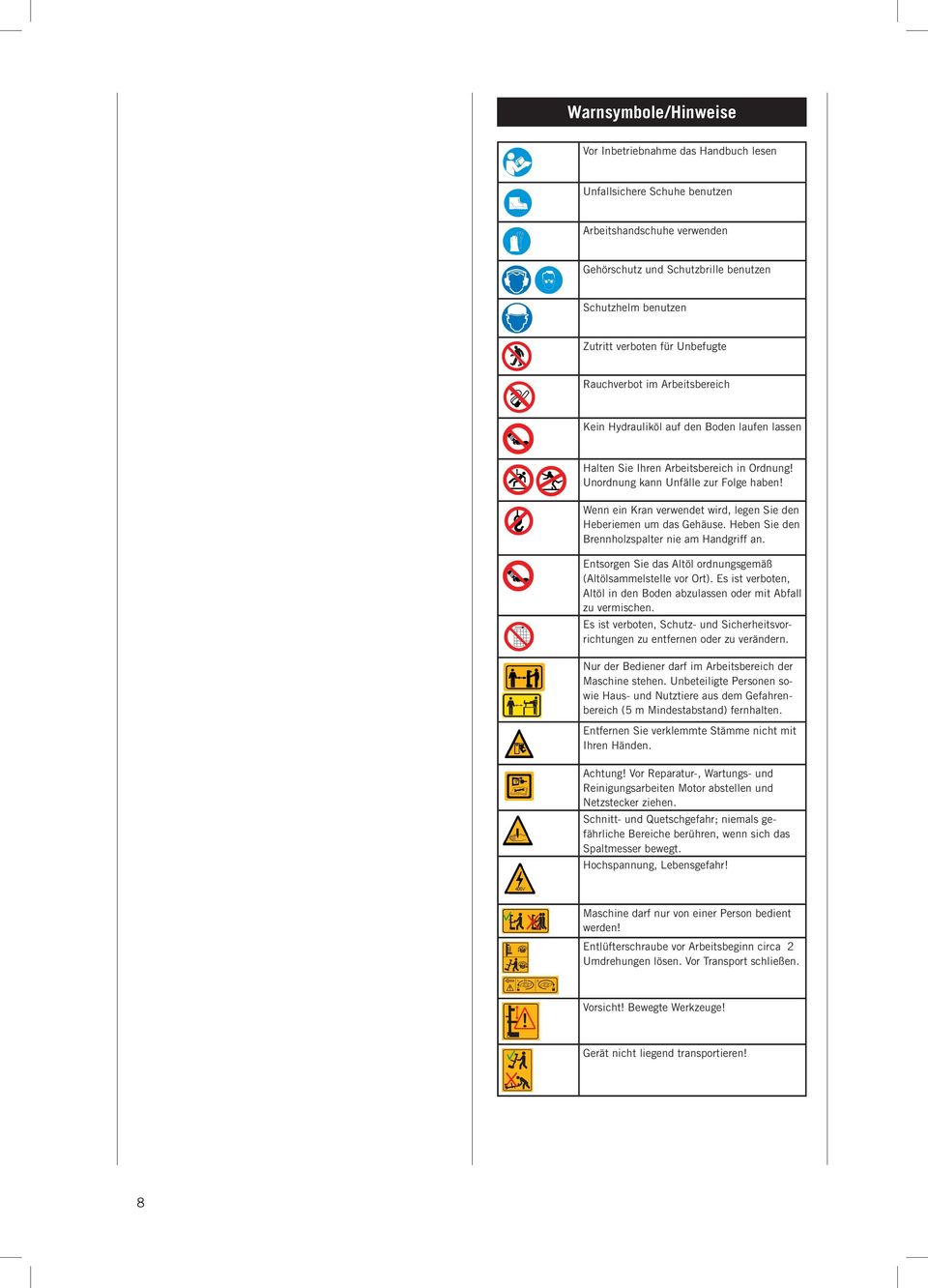 Wenn ein Kran verwendet wird, legen Sie den Heberiemen um das Gehäuse. Heben Sie den Brennholzspalter nie am Handgriff an. Entsorgen Sie das Altöl ordnungsgemäß (Altölsammel stelle vor Ort).