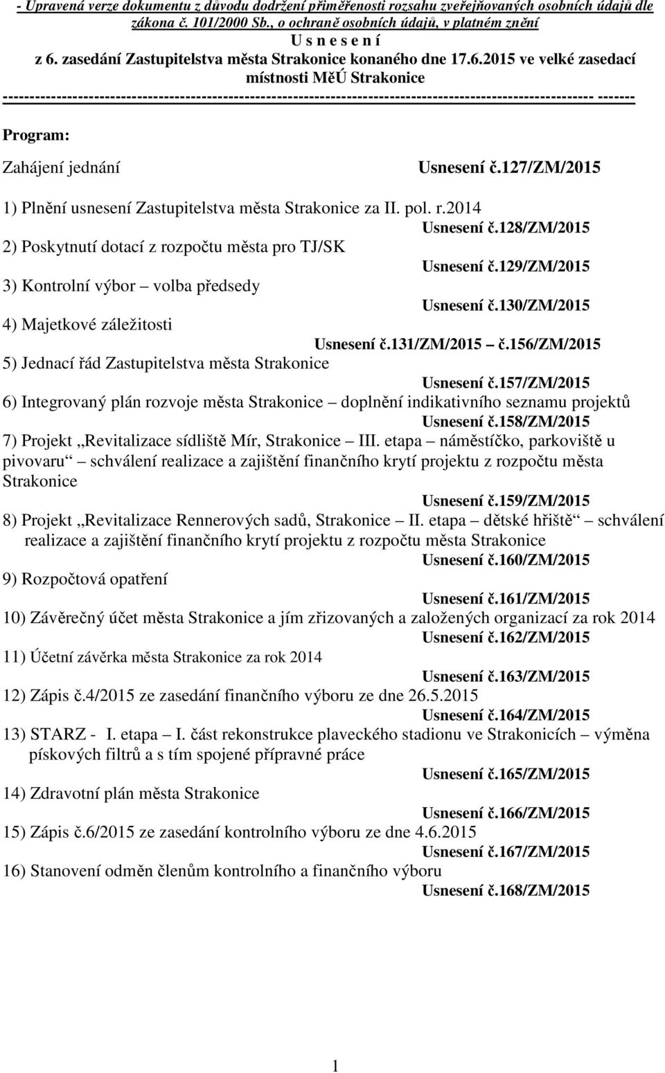 2015 ve velké zasedací místnosti MěÚ Strakonice -------------------------------------------------------------------------------------------------------------- ------- Program: Zahájení jednání